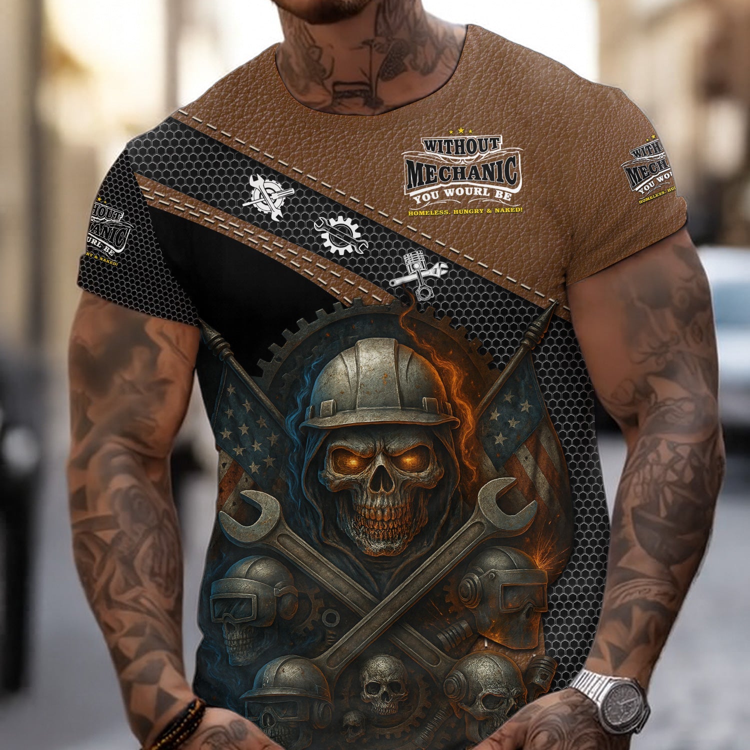 Blisscorners Skull Mechanic T Shirt Without Mechanic You Would Be Homeless Hungry Naked American Flag Auto Repair Garage Workwear Gift For Men Dad