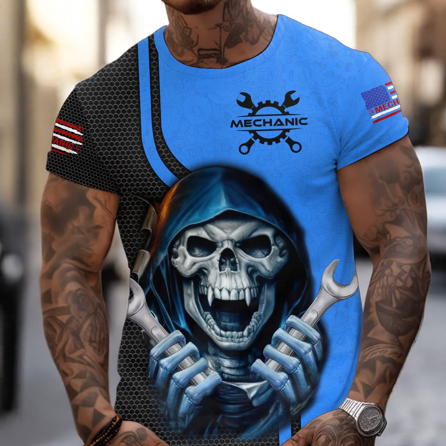Blisscorners Mechanic Skull Shirt with Wrenches, Cool Automotive Apparel for Car Lovers, Gift for Mechanics & DIY Enthusiasts