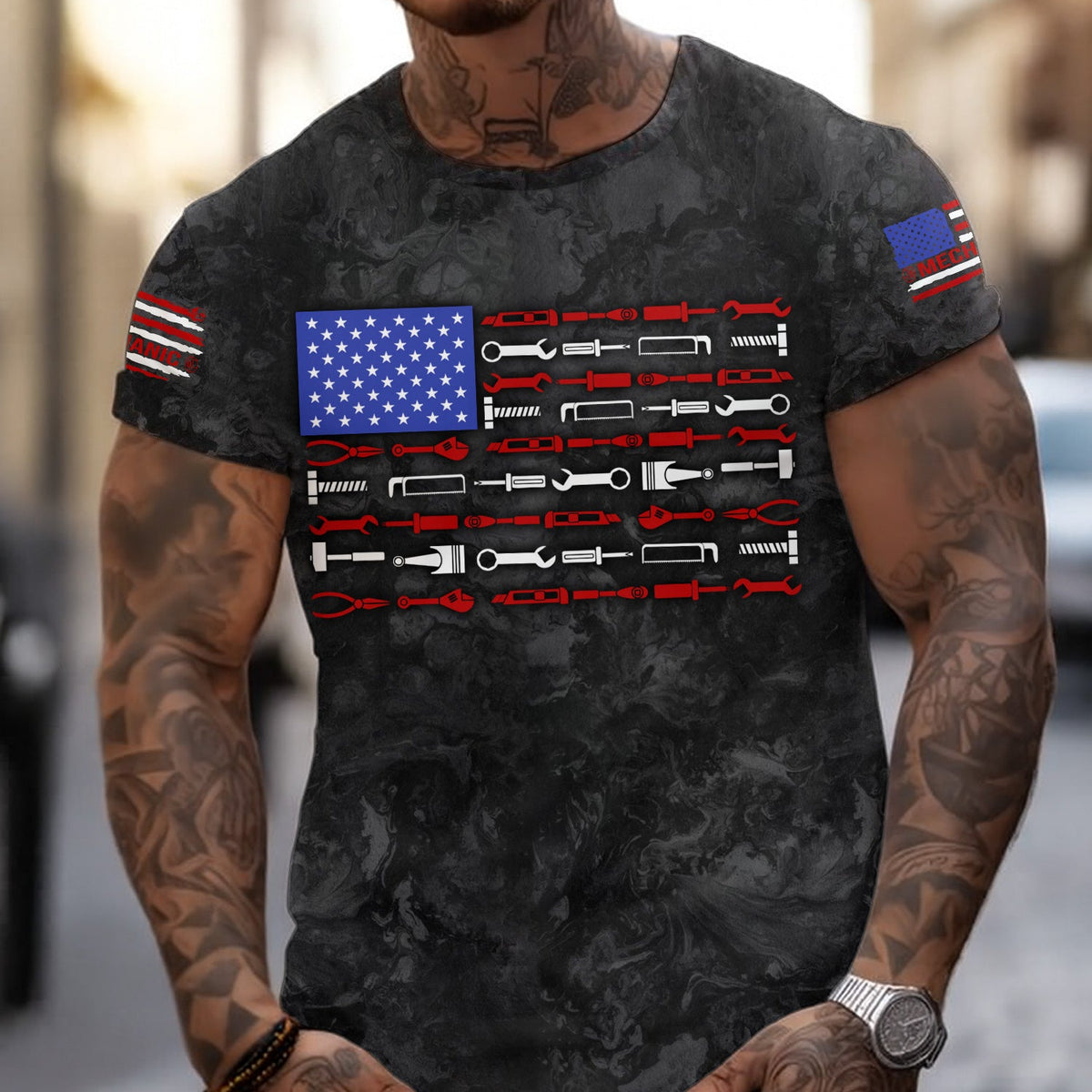 Blisscorners American Flag Tool Shirt, Vintage Mechanic Tools T-shirt for Men, Patriotic USA T-shirt with Wrench &amp; Hammer, Perfect Gift for Tradesmen &amp; DIY Enthusiasts