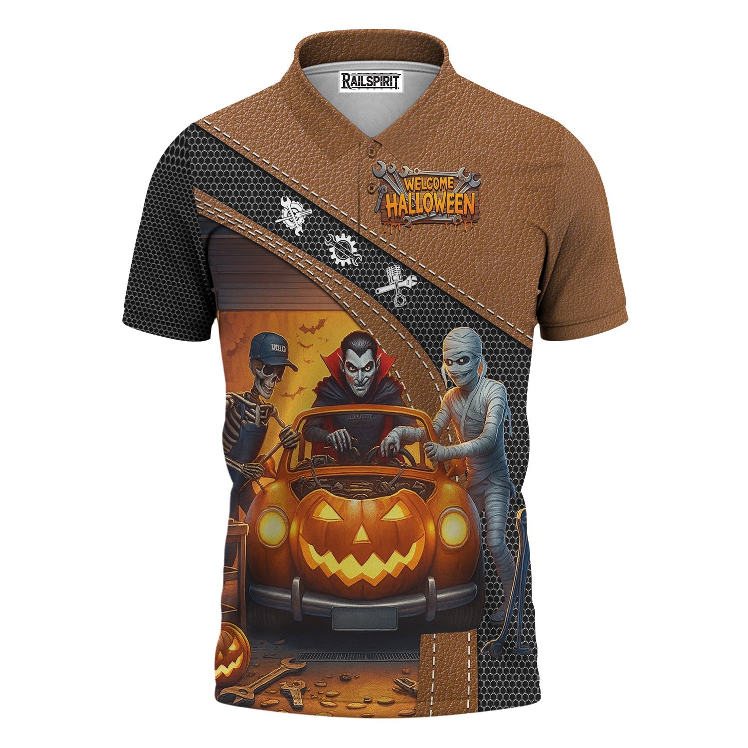 Blisscorners Halloween Mechanic T Shirt Funny Vampire Skeleton Mummy Pumpkin Car Spooky Auto Repair Garage Workwear Tee Gift For Men Women Halloween