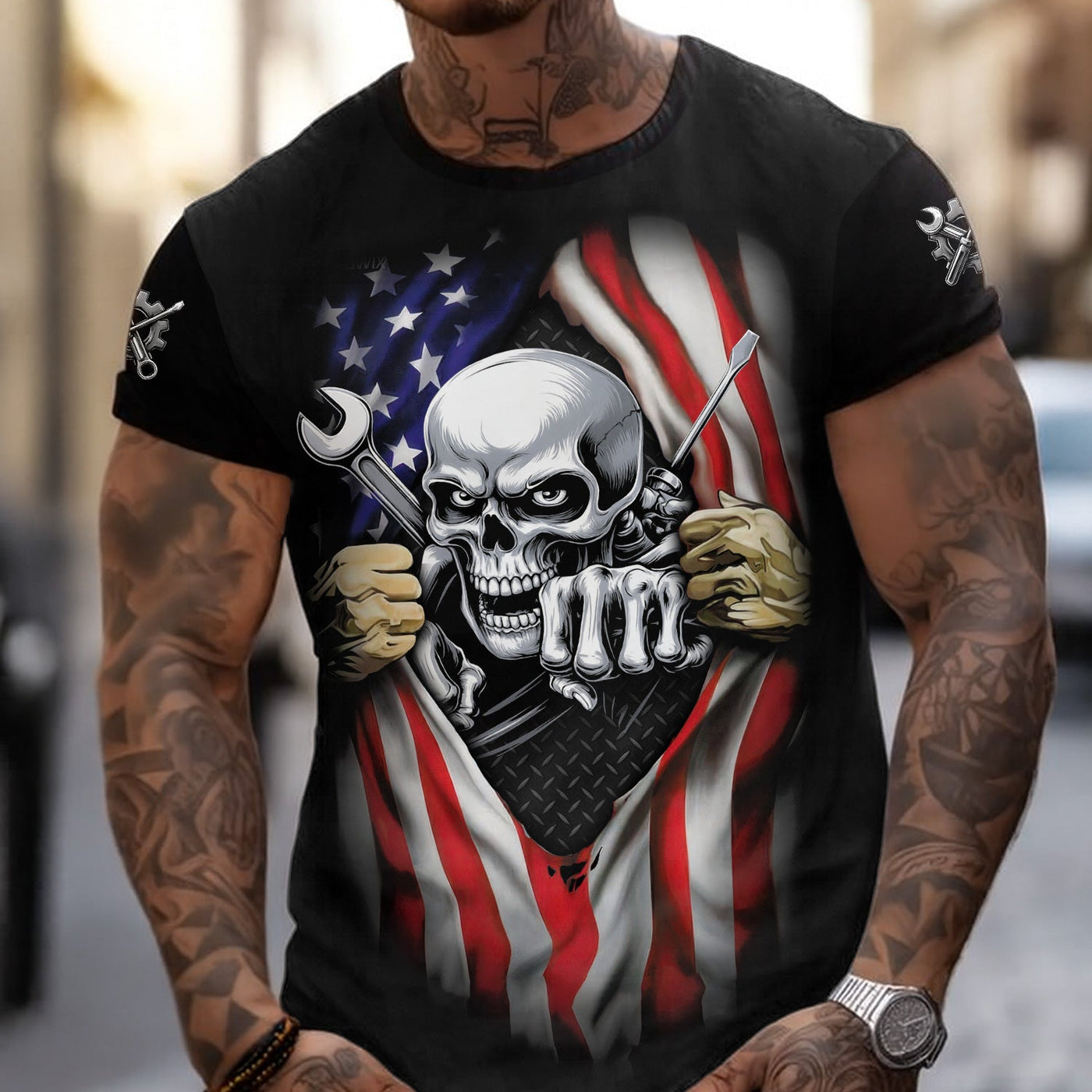Blisscorners Skull Wrench T-Shirt, American Flag Design, Mechanic, Worker Gift, Unique Skull Graphic Tee for Men, Customizable Apparel, Cool Work Shirt