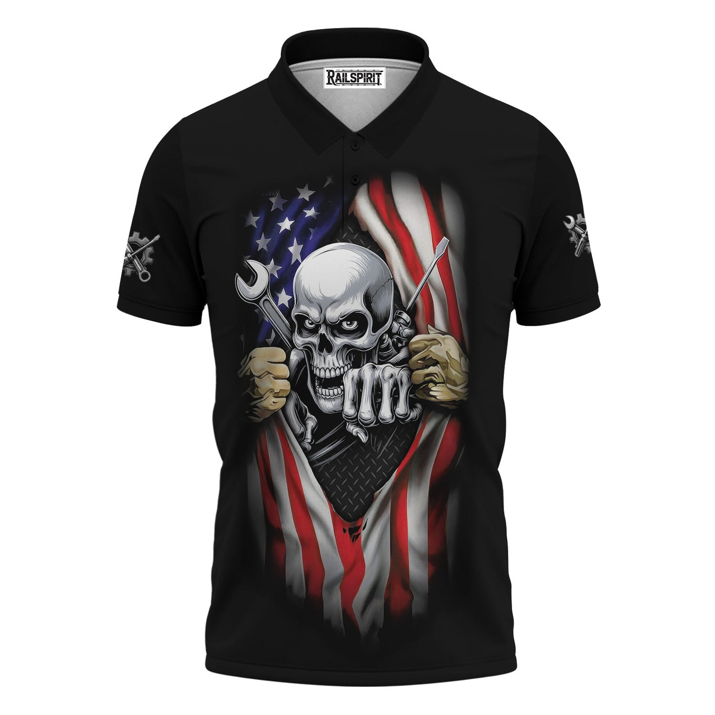 Blisscorners Skull Wrench T-Shirt, American Flag Design, Mechanic, Worker Gift, Unique Skull Graphic Tee for Men, Customizable Apparel, Cool Work Shirt