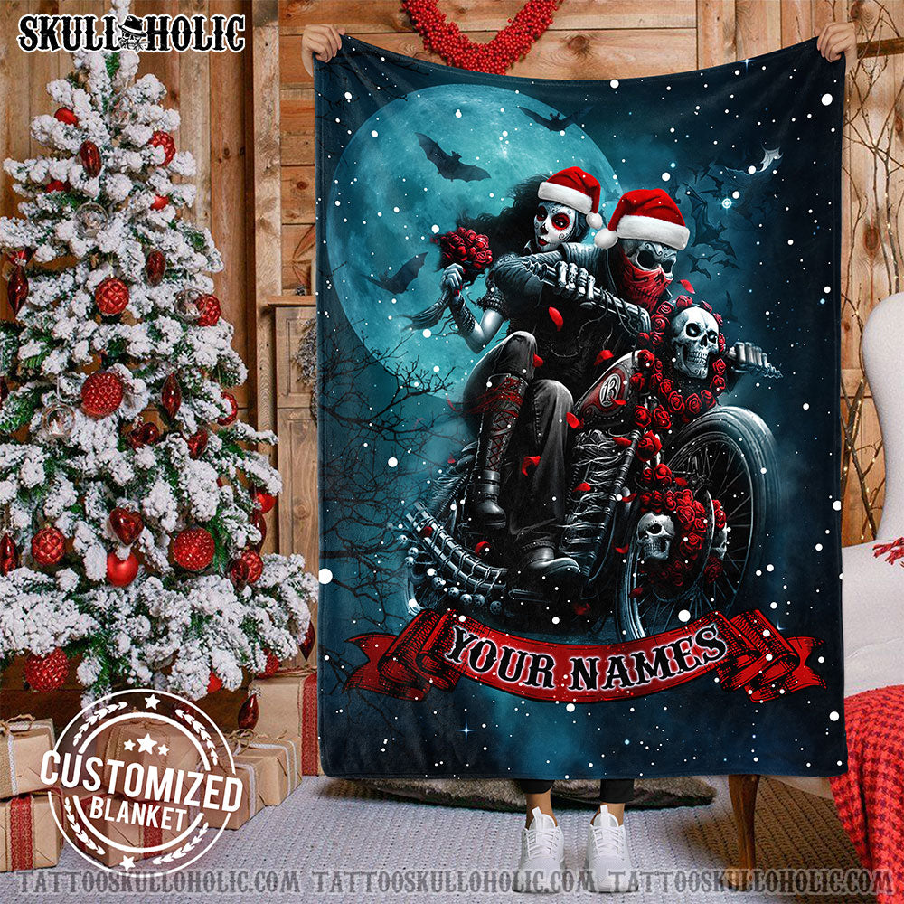 BLISSCORNERS PERSONALIZED SKULL BIKER COUPLE WOVEN &amp; FLEECE BLANKET