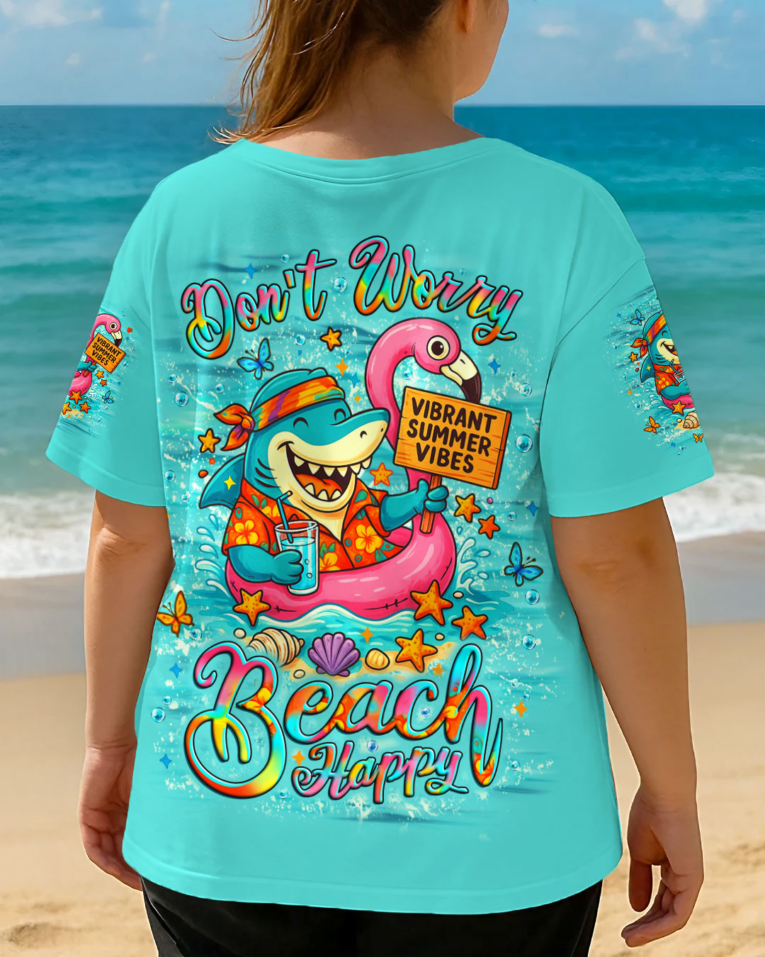 BLISSCORNERS DON'T WORRY BEACH HAPPY SHARK ALL OVER PRINT