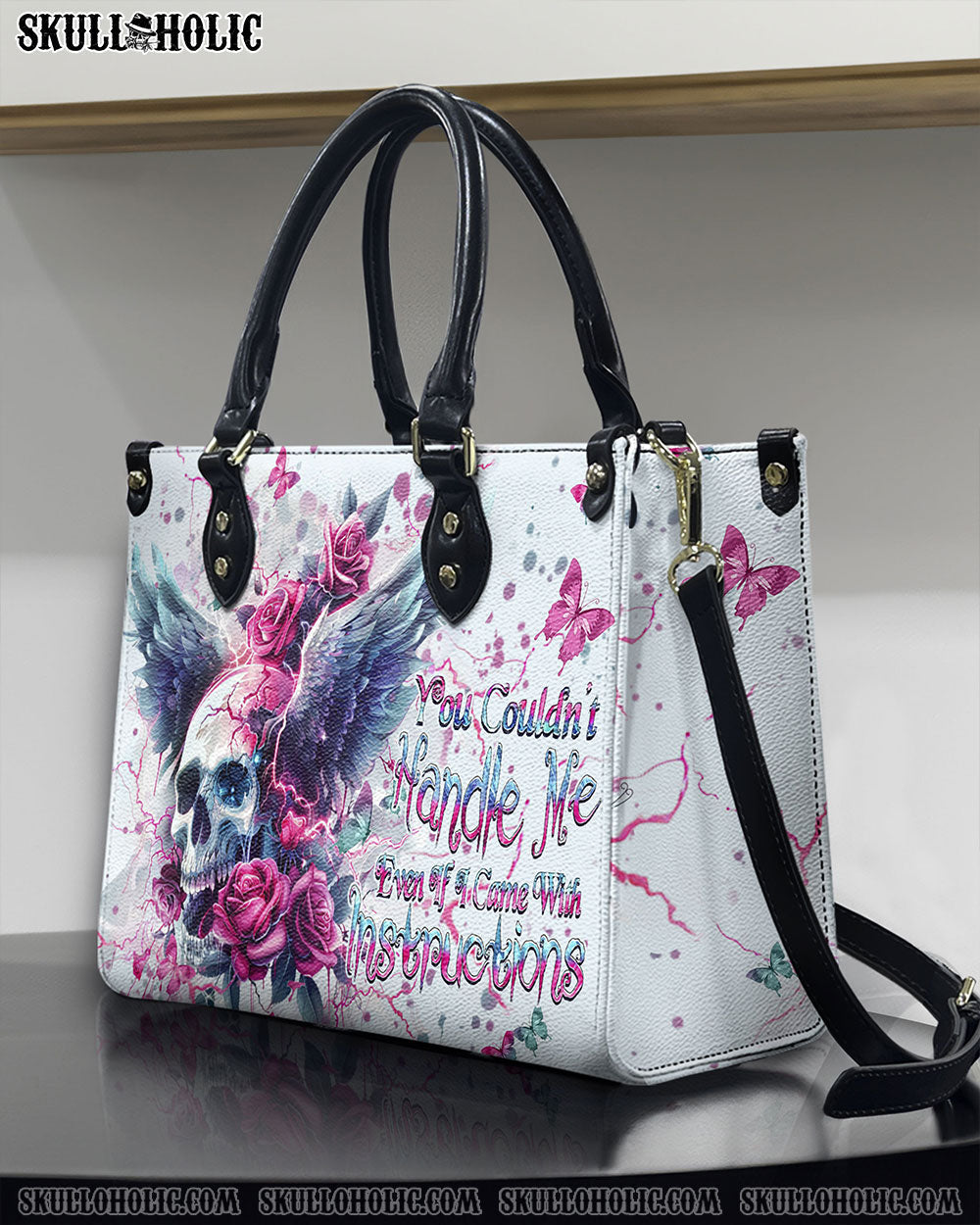 BLISSCORNERS YOU COULDN'T HANDLE ME SKULL WINGS LEATHER HANDBAG