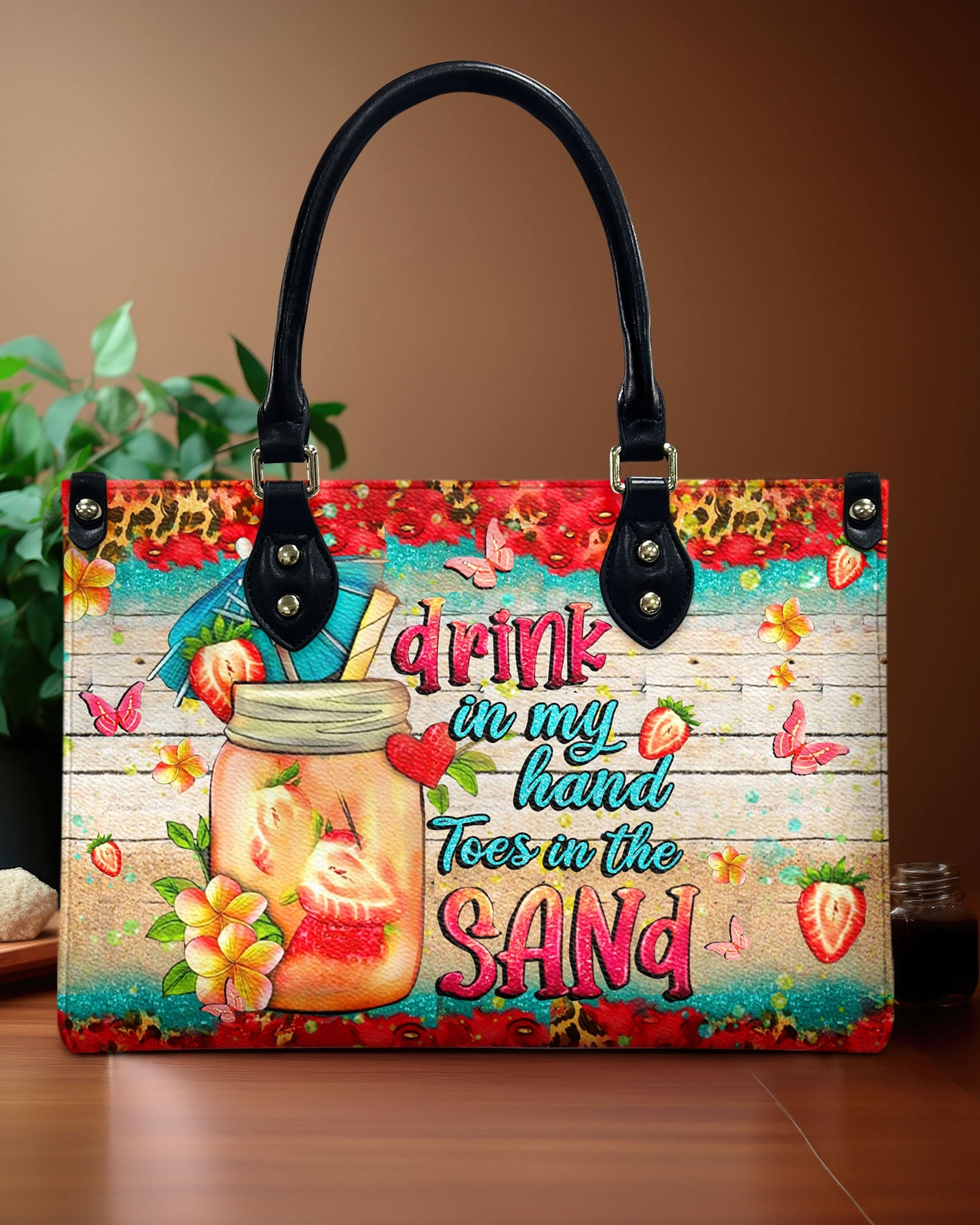 BLISSCORNERS DRINK IN MY HAND TOES IN THE SAND LEATHER HANDBAG