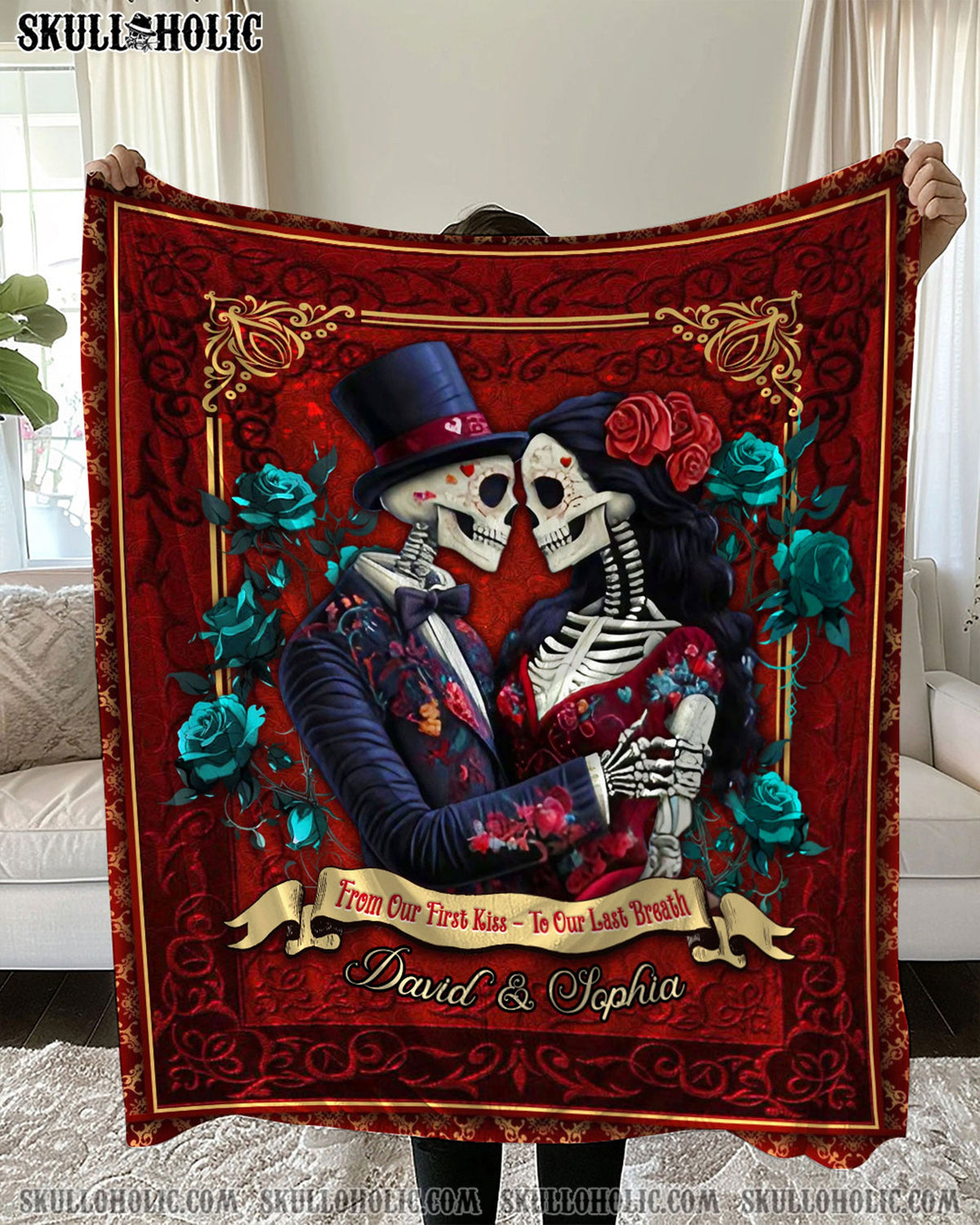 BLISSCORNERS PERSONALIZED FROM OUR FIRST KISS SKULL COUPLE FLEECE BLANKET