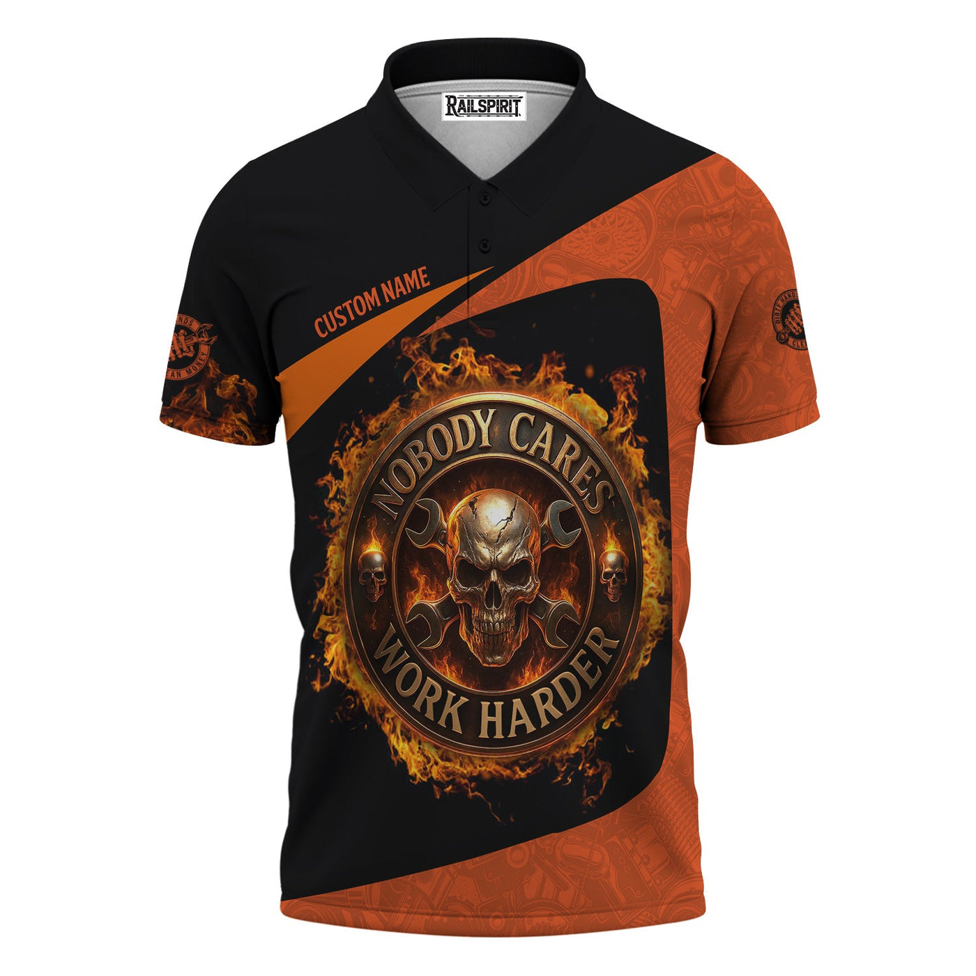 Blisscorners Personalized Mechanic Shirt, Nobody Cares Work Harder, Flame Skull Design, Gift For Men