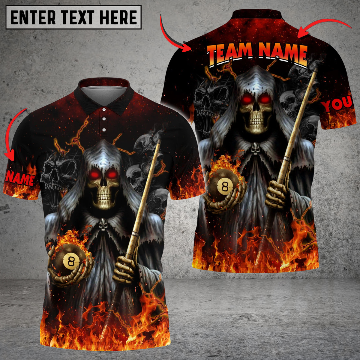 Blisscorners Billiards Grim Flame Skull Multicolor Customized Name, Team Name 3D Shirt