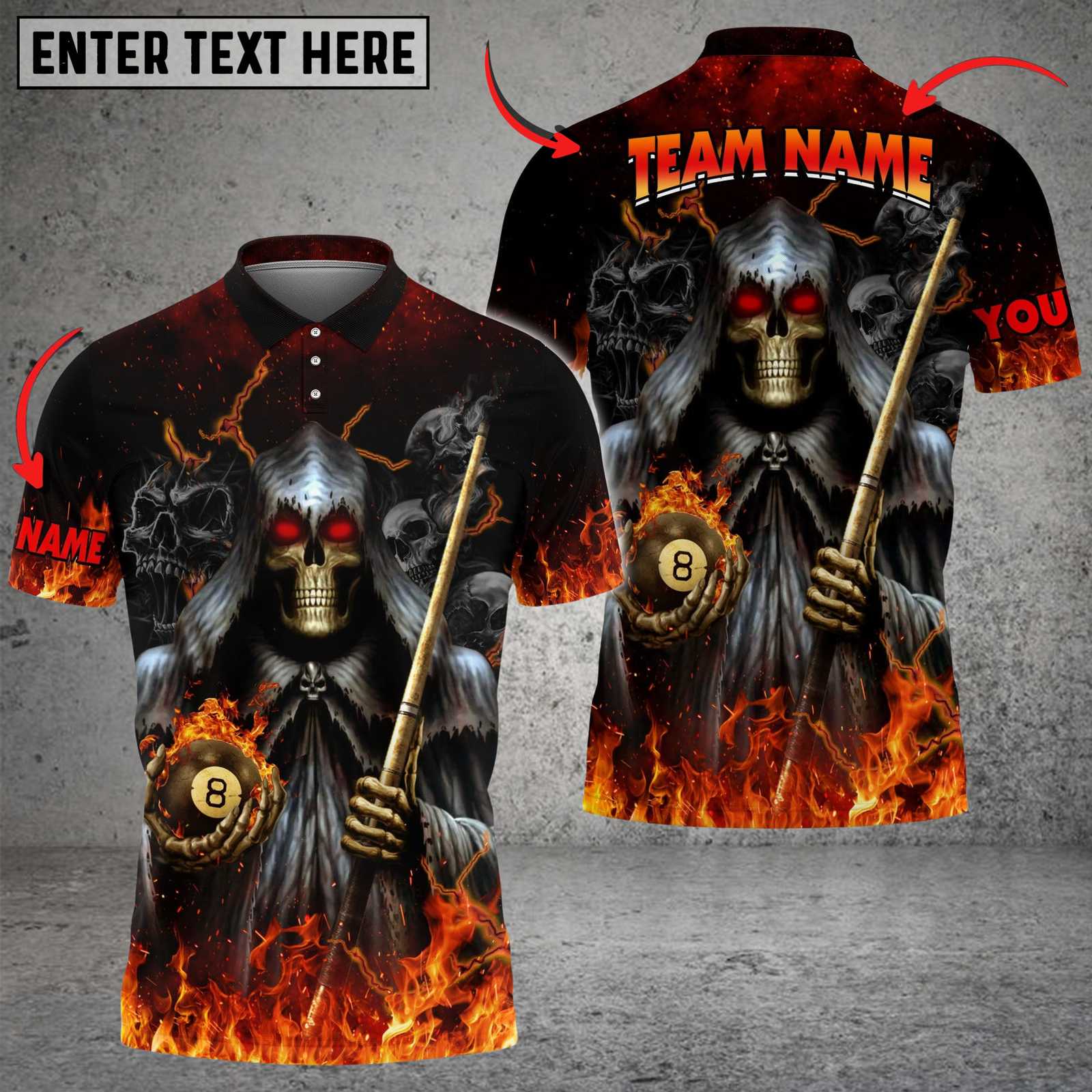 Blisscorners Billiards Grim Flame Skull Multicolor Customized Name, Team Name 3D Shirt