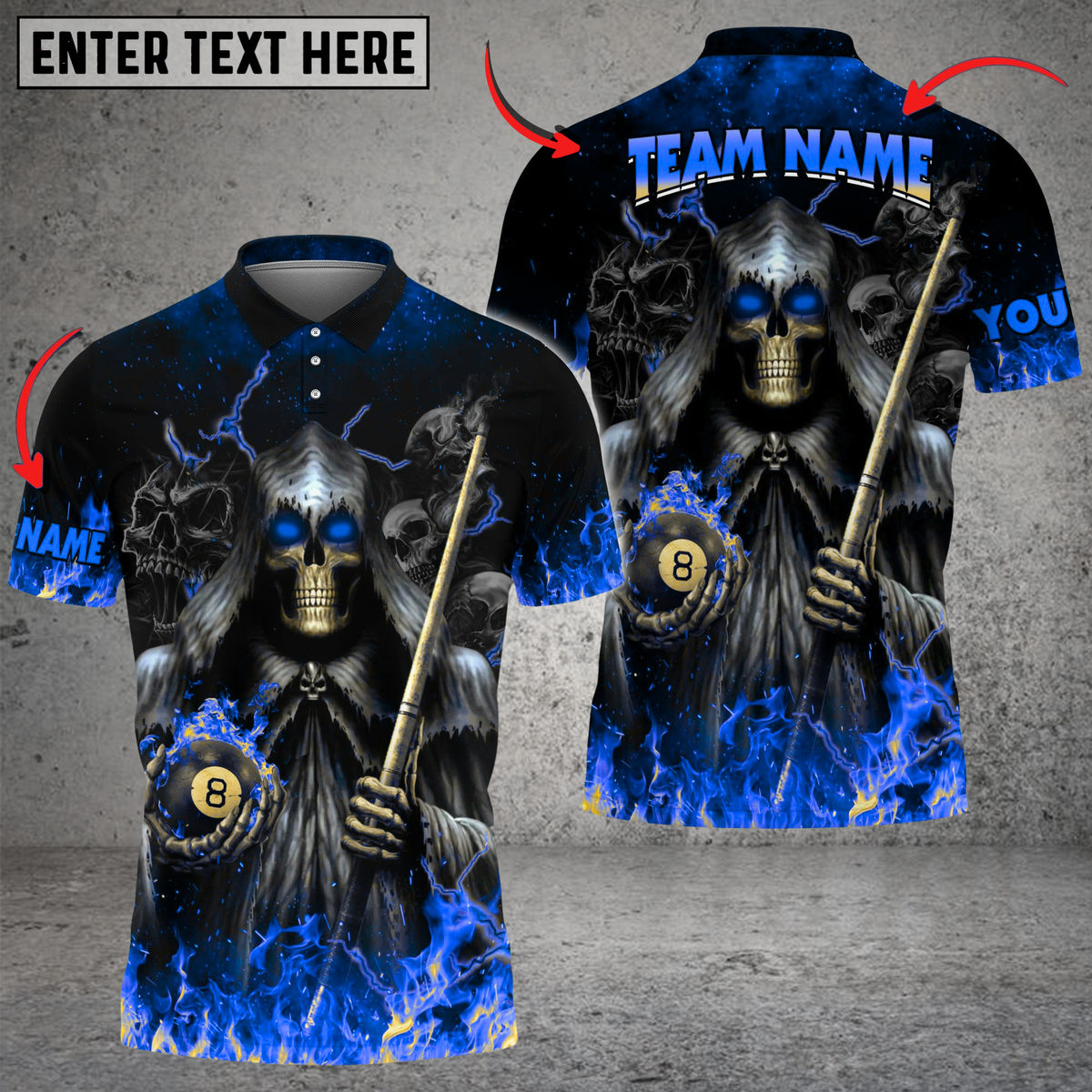 Blisscorners Billiards Grim Flame Skull Multicolor Customized Name, Team Name 3D Shirt