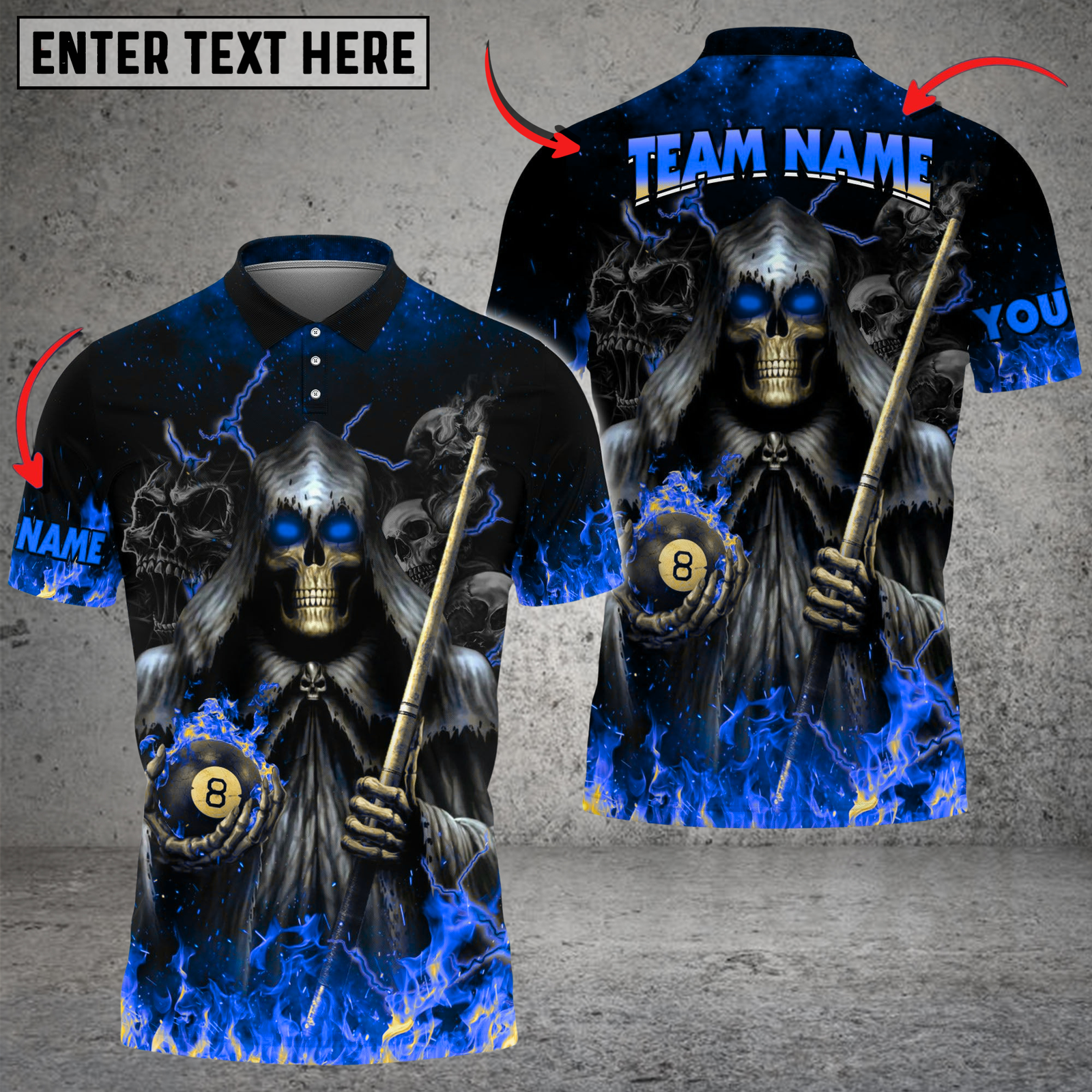 Blisscorners Billiards Grim Flame Skull Multicolor Customized Name, Team Name 3D Shirt