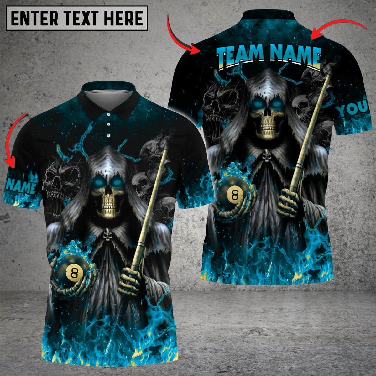 Blisscorners Billiards Grim Flame Skull Multicolor Customized Name, Team Name 3D Shirt