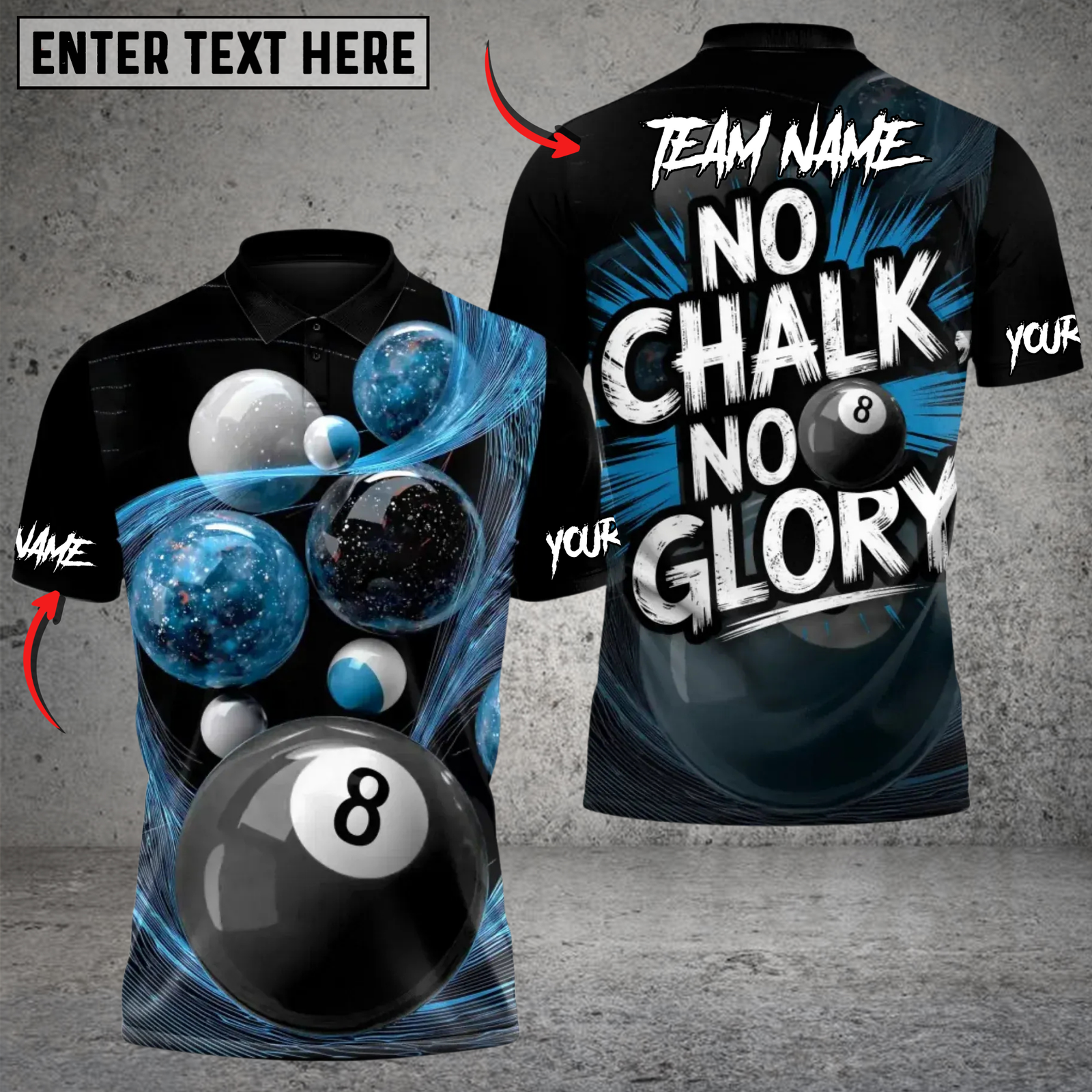 Blisscorners Cosmic Cue Mastery No Chalk, No Glory Billiard Multicolor Customized Name, Team Name 3D Shirt