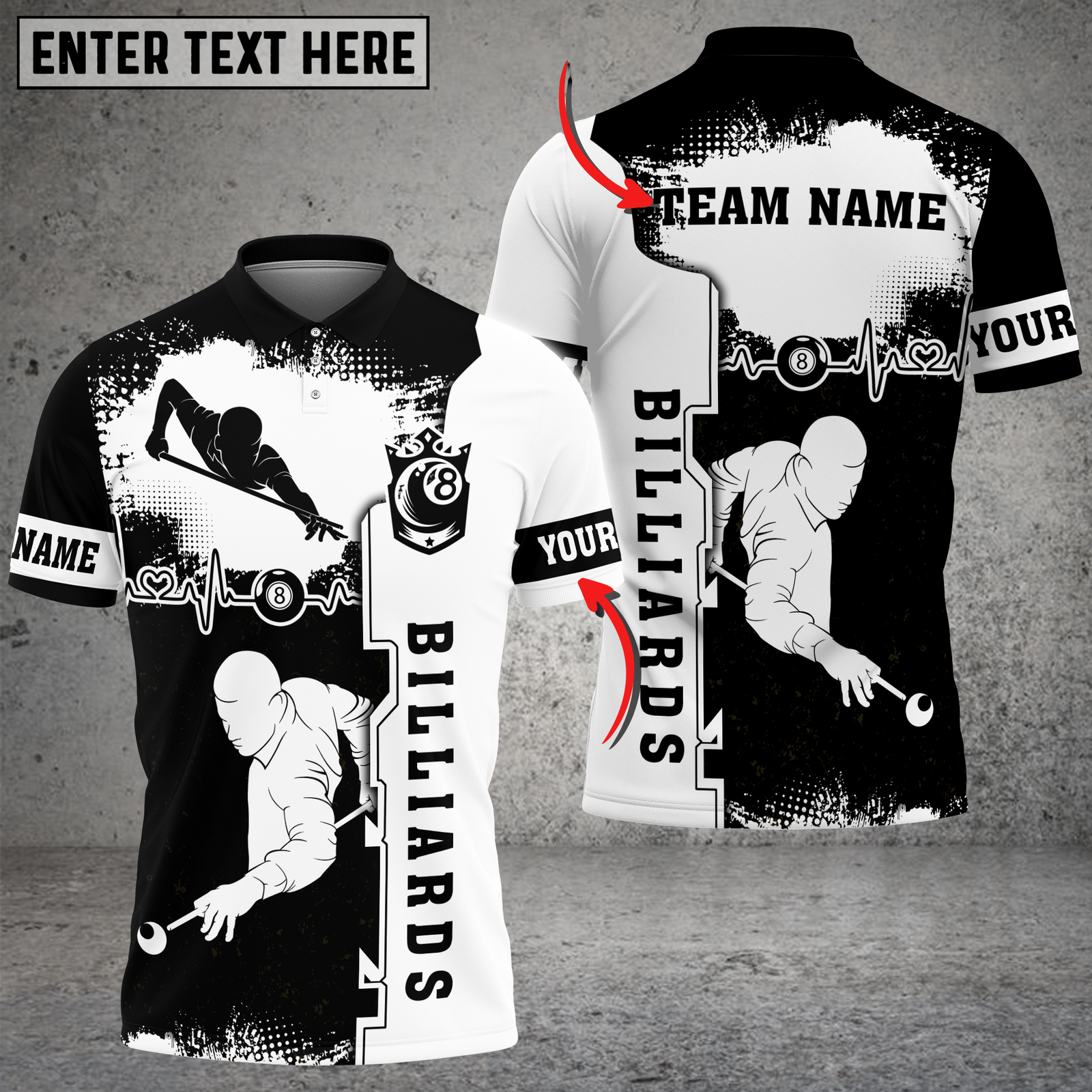 Blisscorners Billiards Black White Heartbeat Player Personalized Name 3D Unisex Shirt