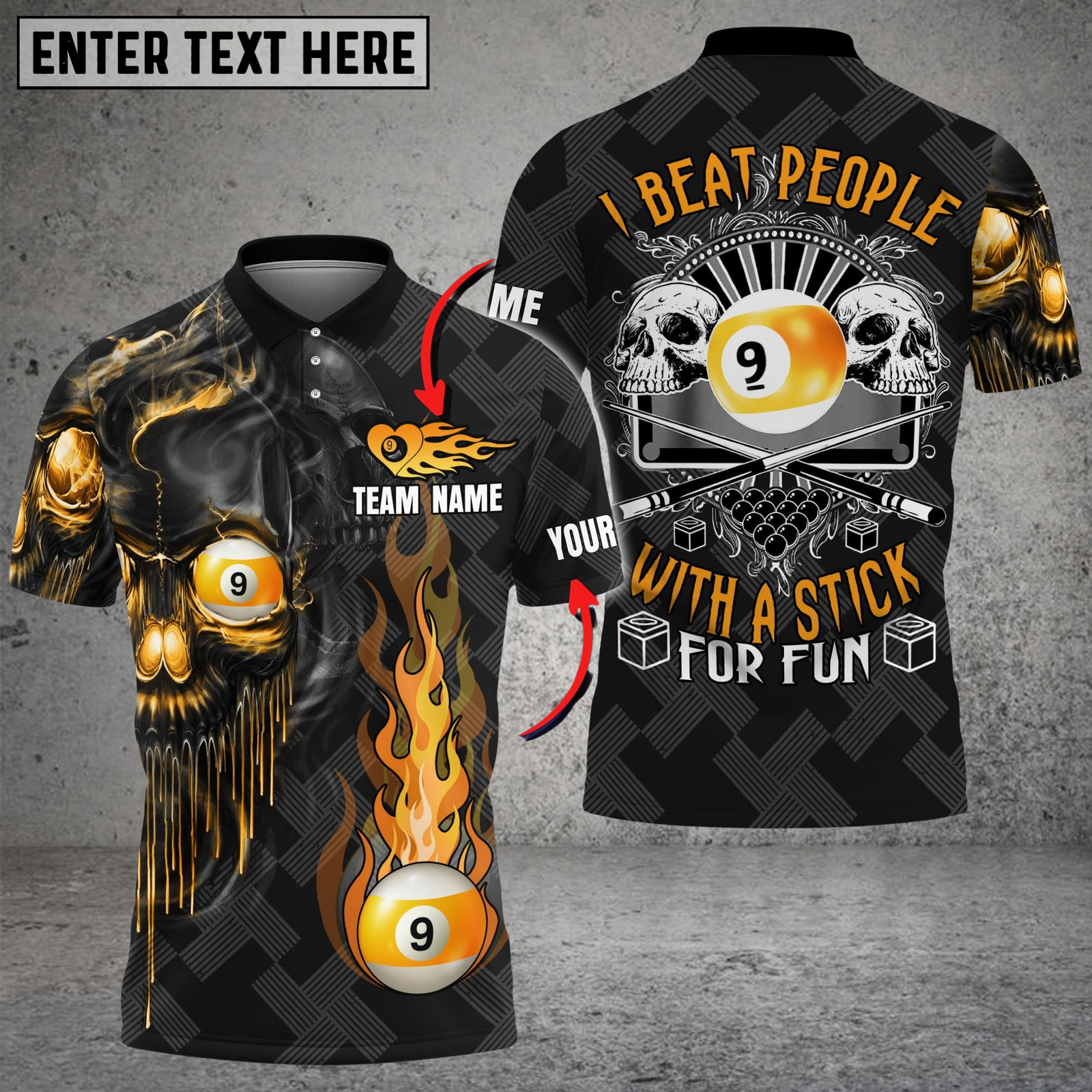 Blisscorners Billiards Skull Flame Yellow Personalized Name 3D Unisex Shirt