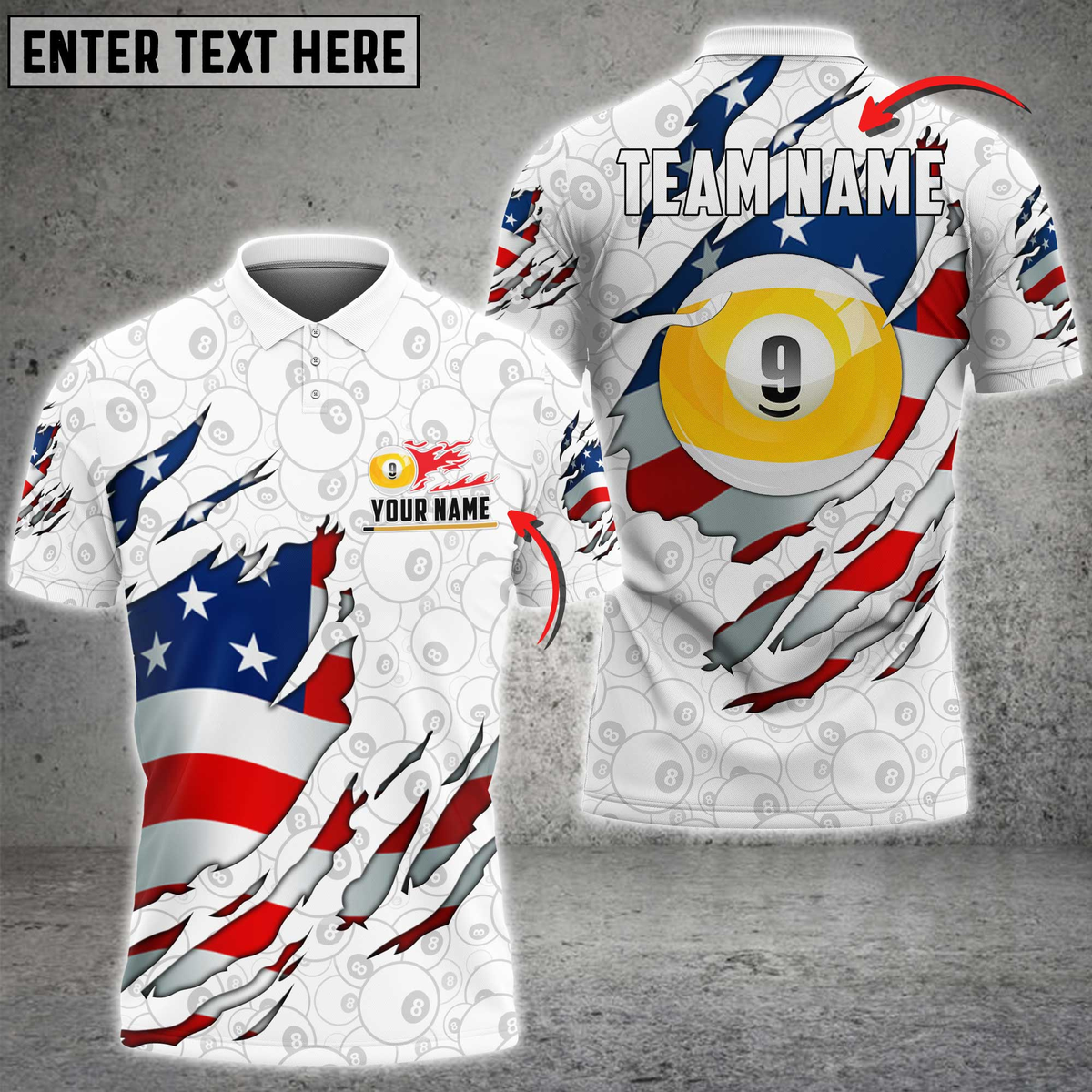 Blisscorners Billiards 9-Ball American Flag Torn Design Personalized Name 3D Unisex Shirt
