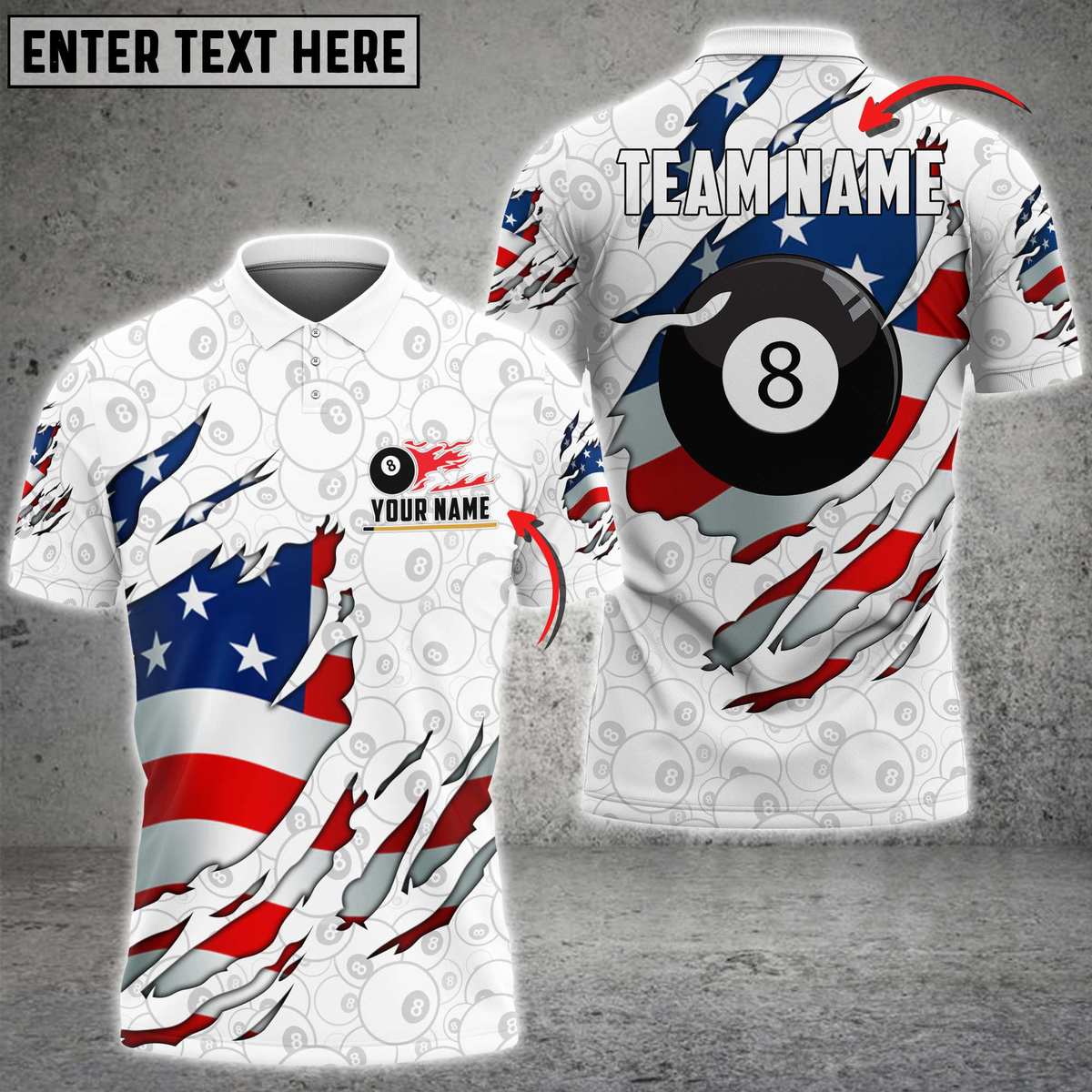 Blisscorners 8-Ball Billiards American Flag Rip Design Personalized Name 3D Unisex Shirt