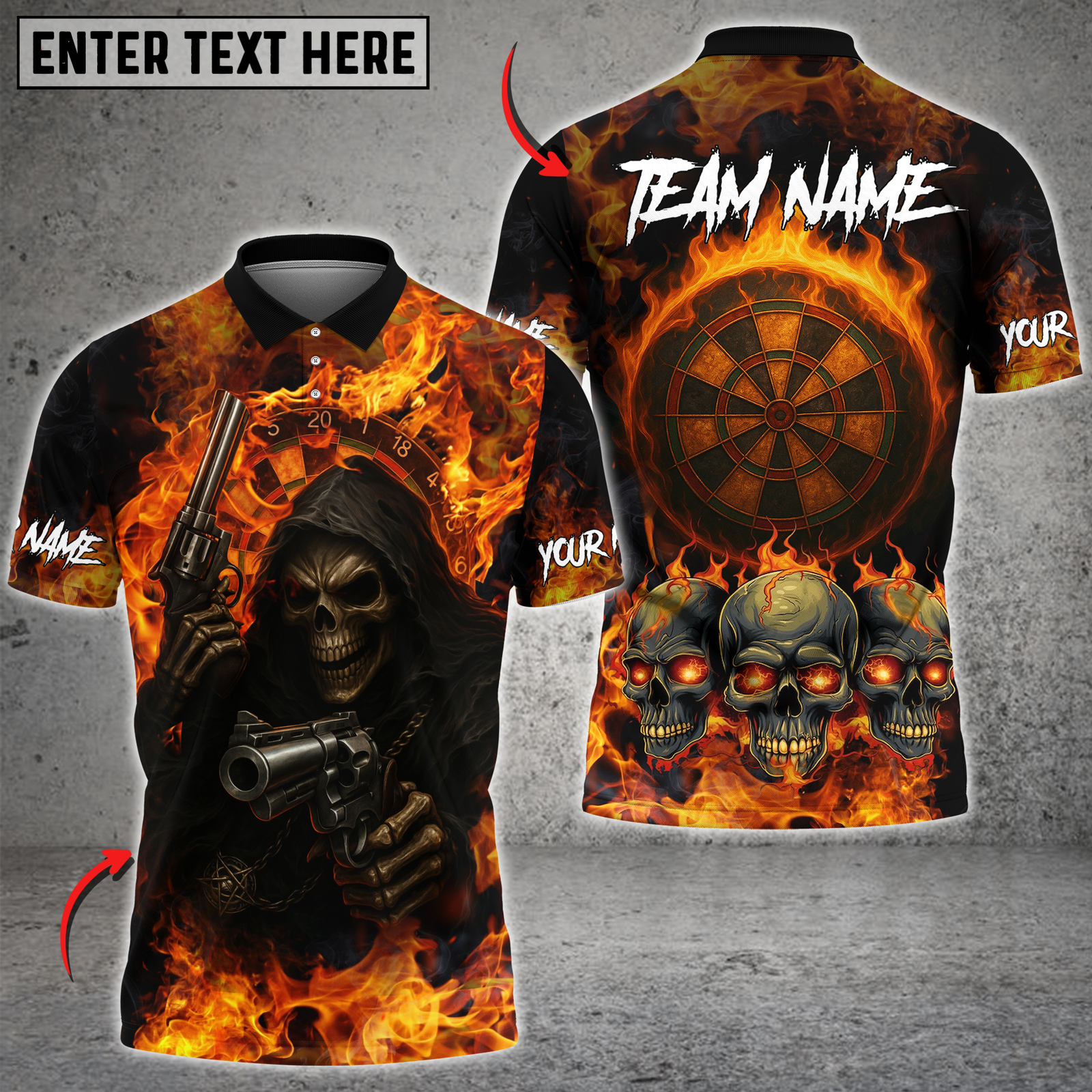Blisscorners Darts Flaming Skull Reaper And Gun Multicolor Customized Name, Team Name 3D Shirts