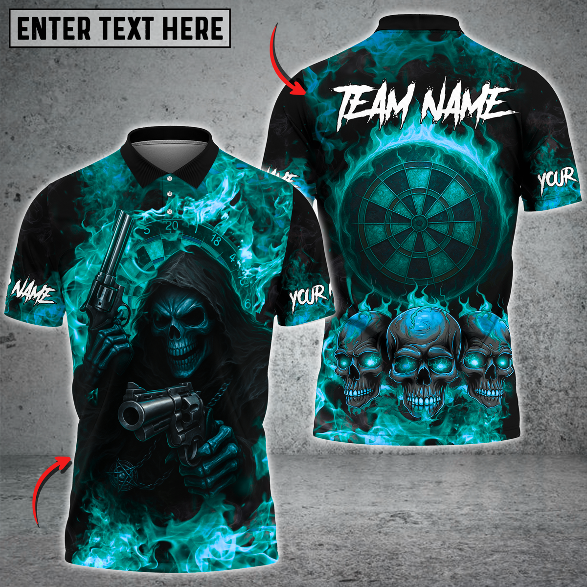 Blisscorners Darts Flaming Skull Reaper And Gun Multicolor Customized Name, Team Name 3D Shirts