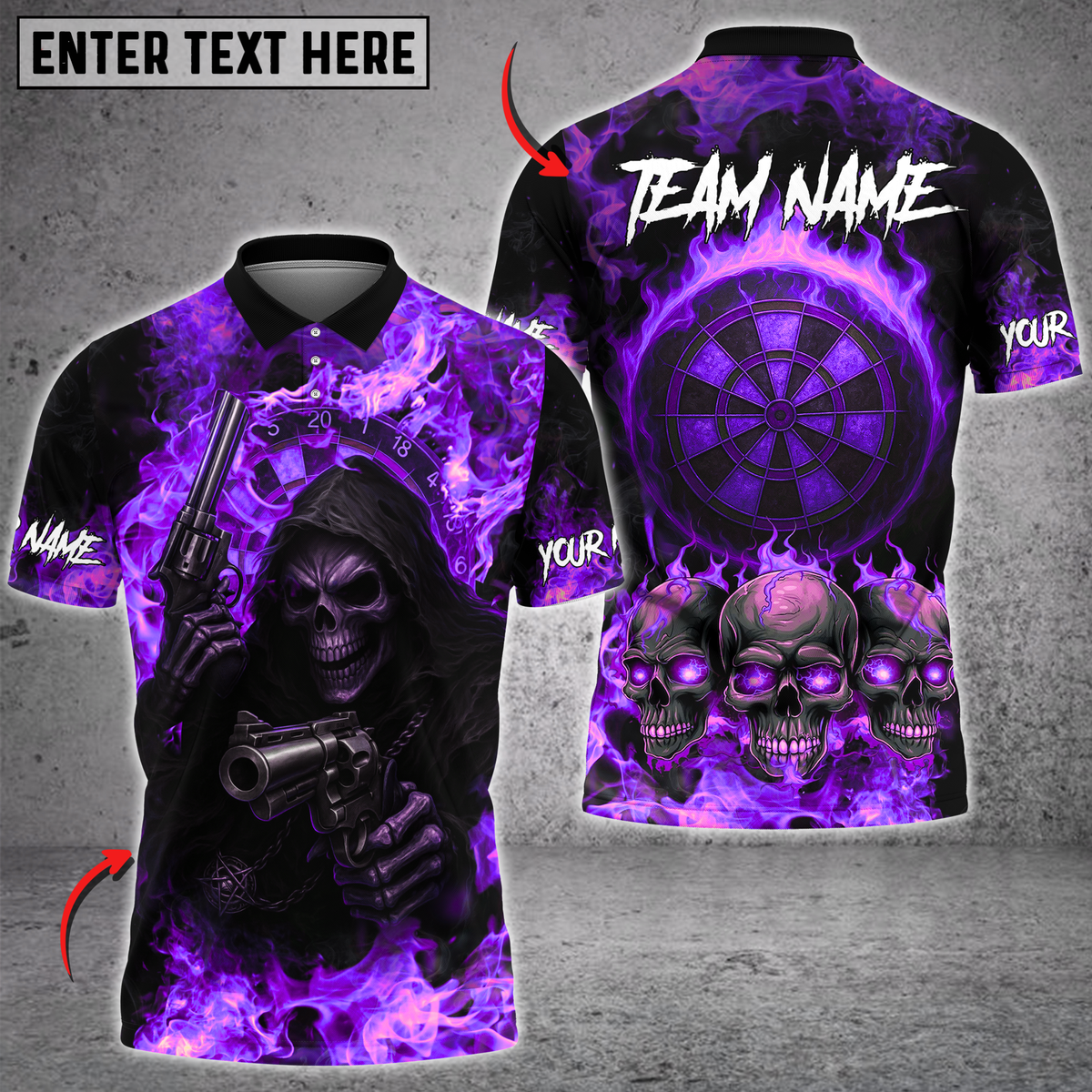 Blisscorners Darts Flaming Skull Reaper And Gun Multicolor Customized Name, Team Name 3D Shirts