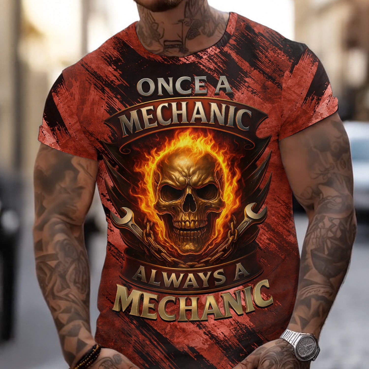 Blisscorners Once A Mechanic Always A Mechanic Shirt Funny Printed Vintage Mechanic Unisex T Shirt Flame Skull Design Design
