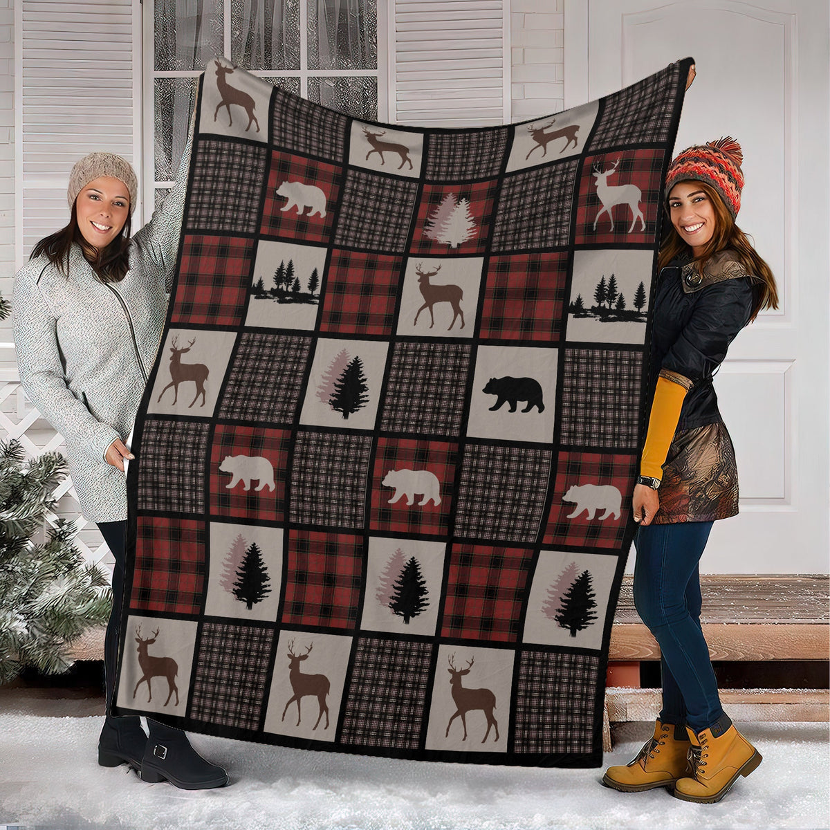 Blisscorners Rustic Hunting Cabin Fleece Blanket - Deer, Bear & Pine Tree - Cozy Gift for Hunters & Nature Lovers LM1611