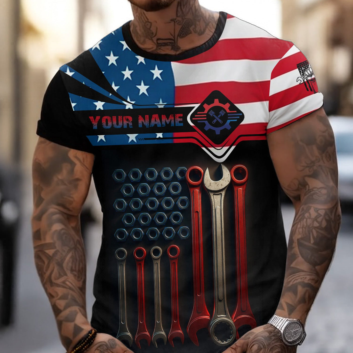 Blisscorners Custom Name Mechanic Shirt Wrenches with American Flag Design T Shirt