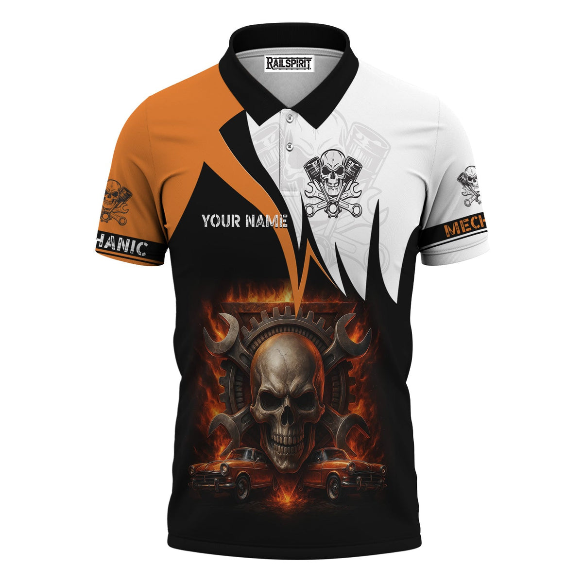 Blisscorners Custom Name Mechanic Shirt Flame Skull Wrench Gear Vintage Car Design T Shirt