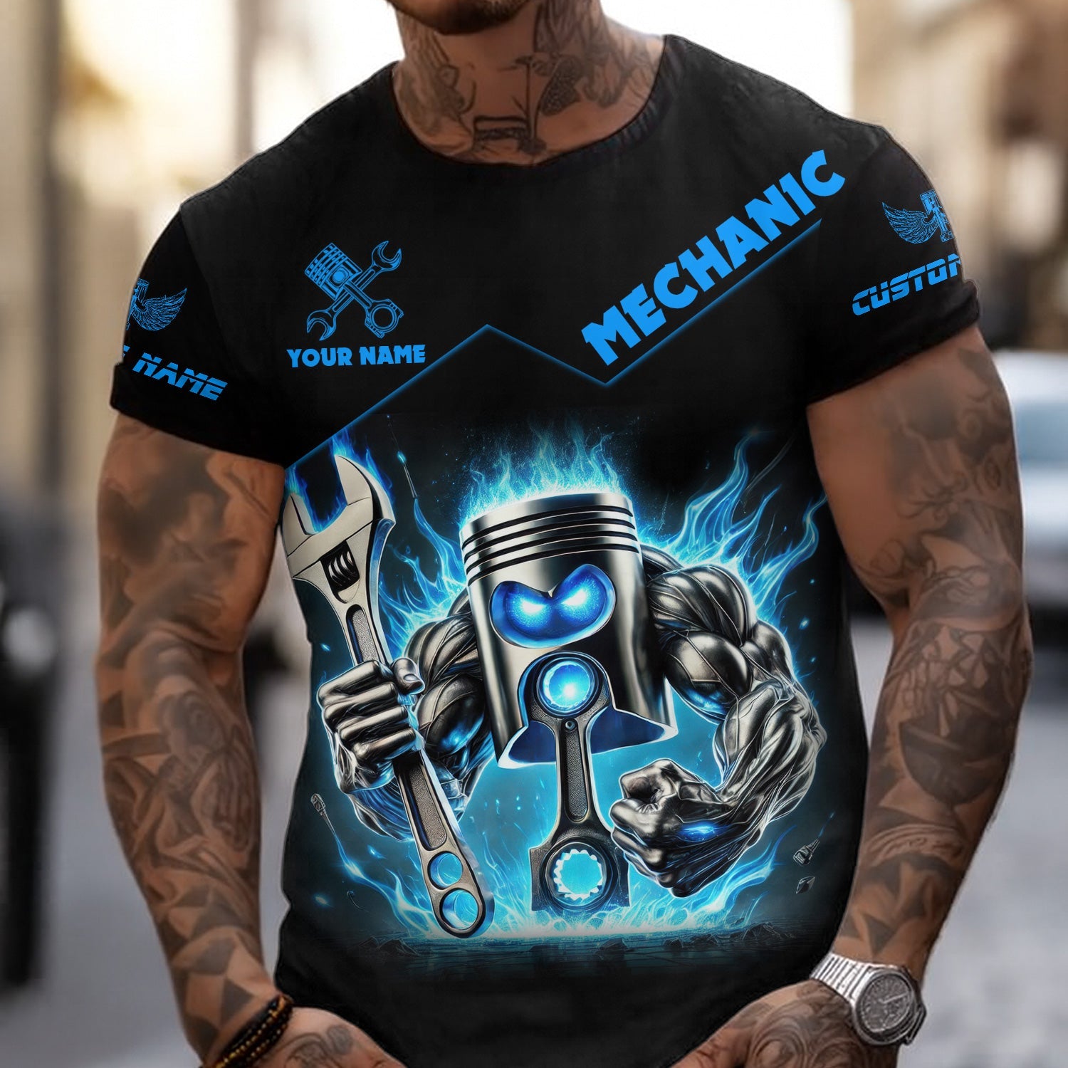 Blisscorners Custom Name Mechanic Shirt Blue Flame Muscle Engine Piston Holding Wrench T Shirt