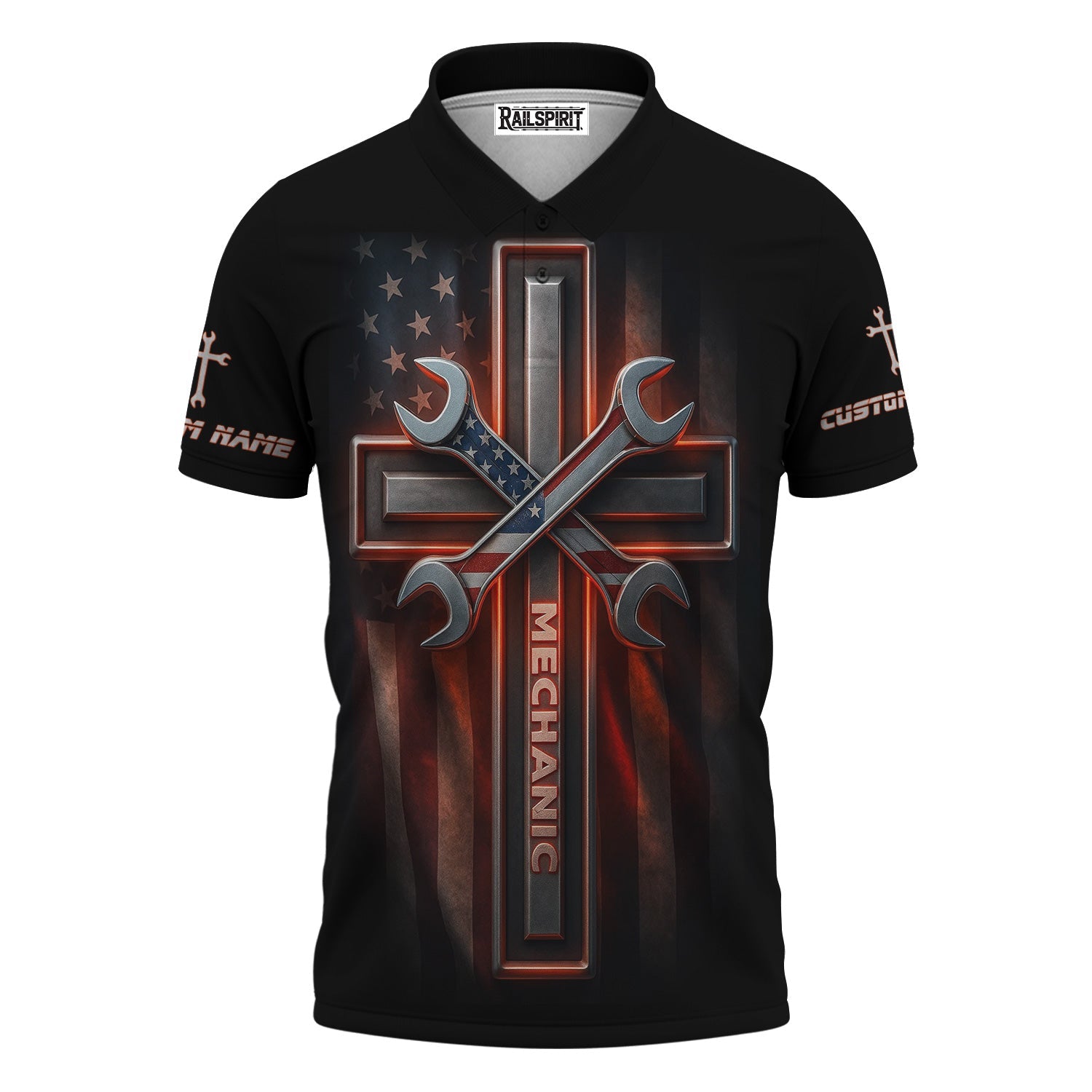 Blisscorners Custom Name Mechanic Shirt Wrench The Cross with USA Flag Design T Shirt