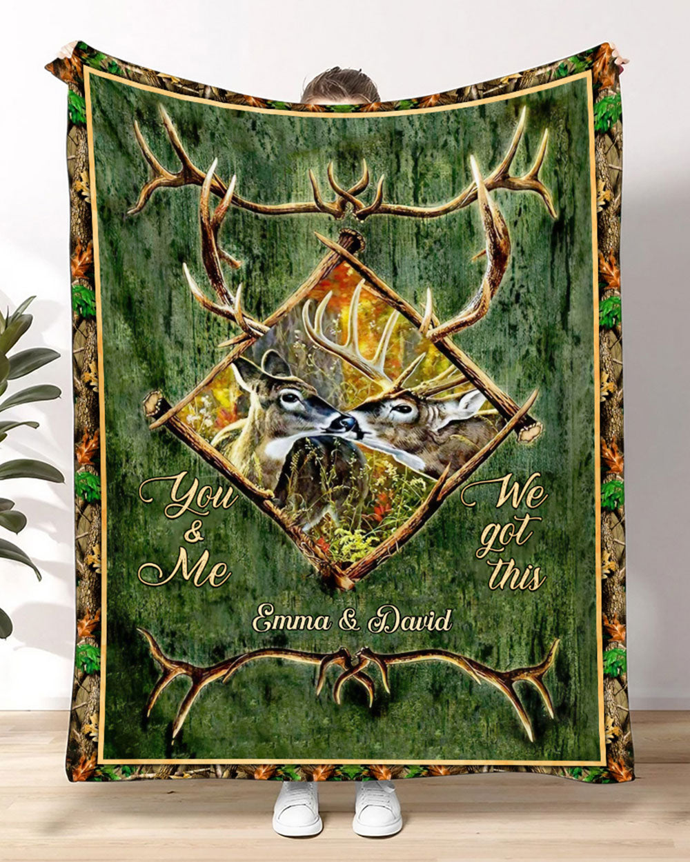 BLISSCORNERS PERSONALIZED YOU &amp; ME WE GOT THIS DEER COUPLE FLEECE BLANKET