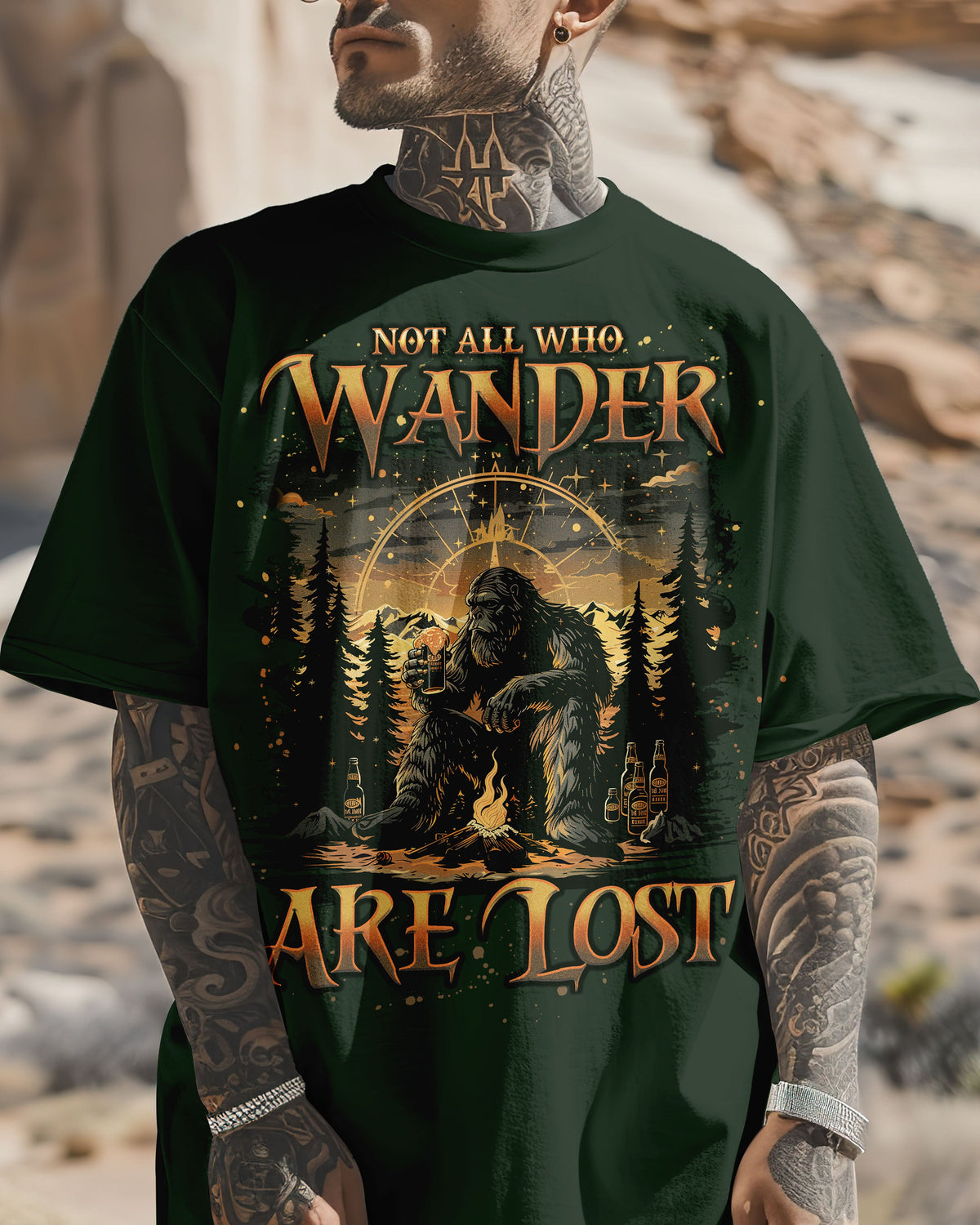 BLISSCORNERS NOT ALL WHO WANDER ARE LOST BIGFOOT COMPASS  COTTON SHIRT