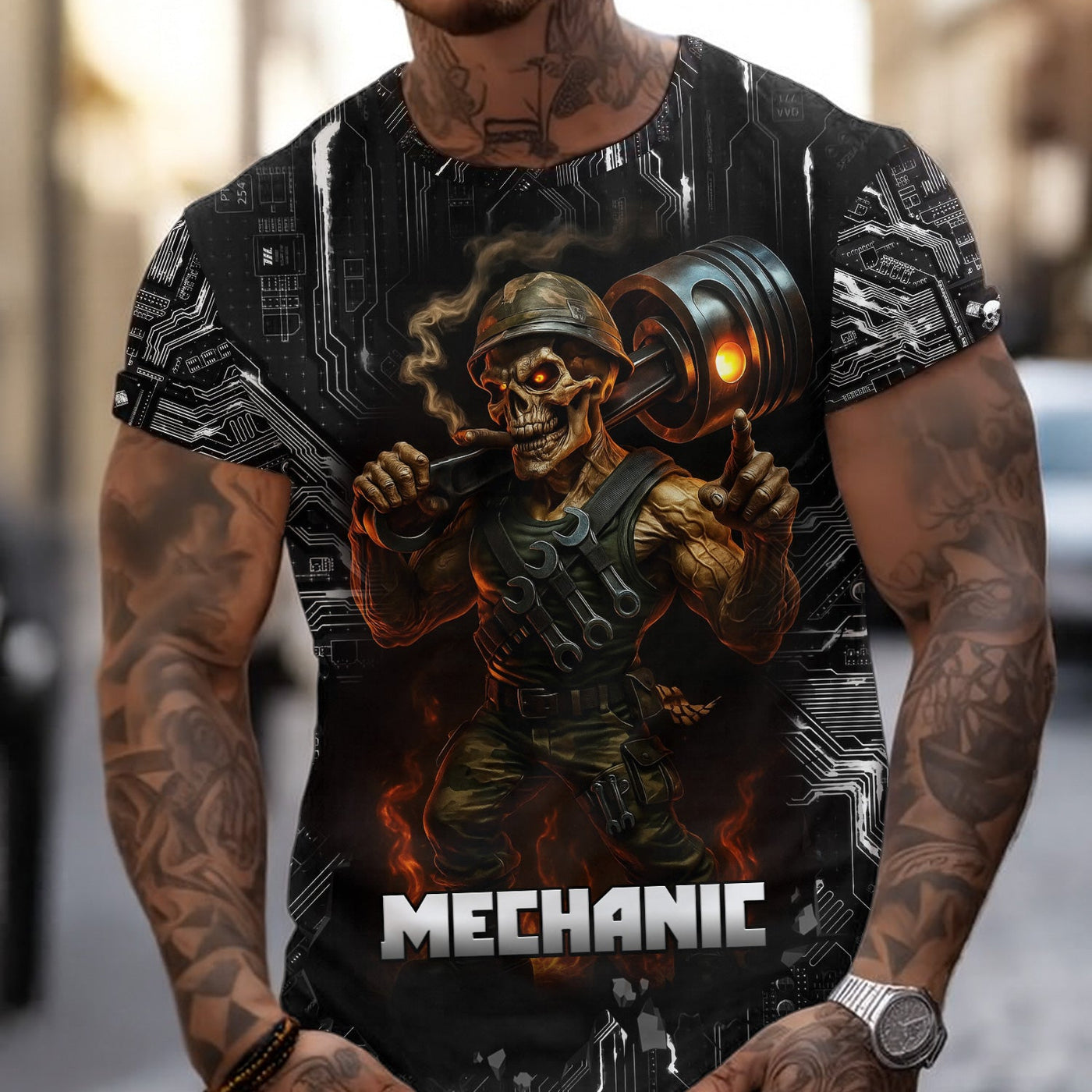 Blisscorners Mechanic Shirt Soldier Skull Holding Giant Engine Piston Design T Shirt All Over Printed