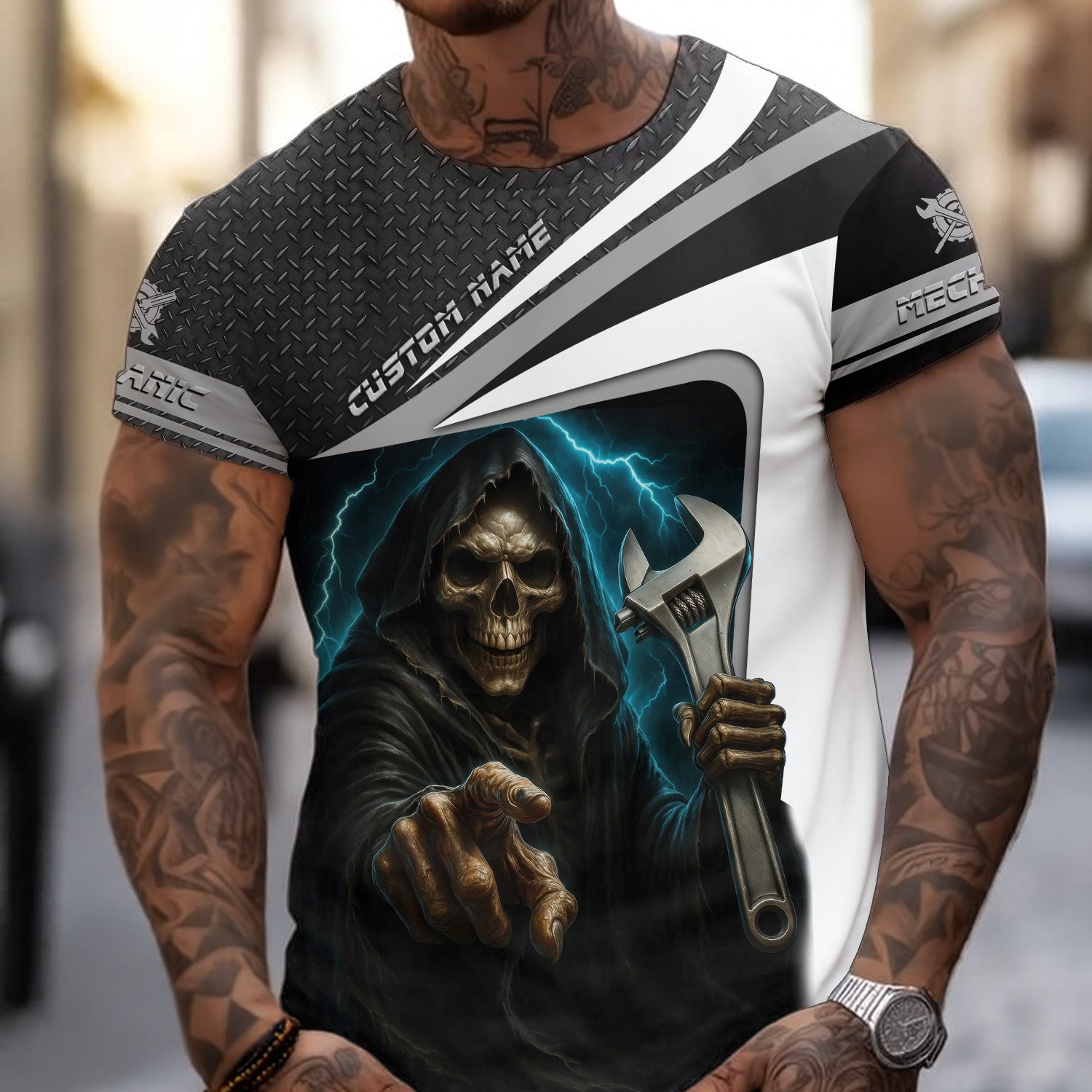 Blisscorners Custom Name Mechanic Shirt Grim Reaper Holding Wrench with Thunder Design T Shirt
