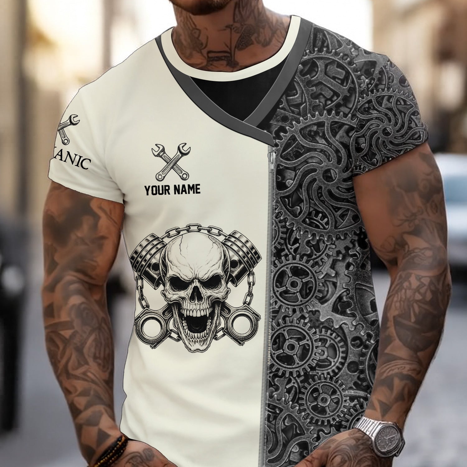 Blisscorners Custom Name Mechanic Shirt Skull with Engine Piston Design Gear Pattern T Shirt All Over Printed
