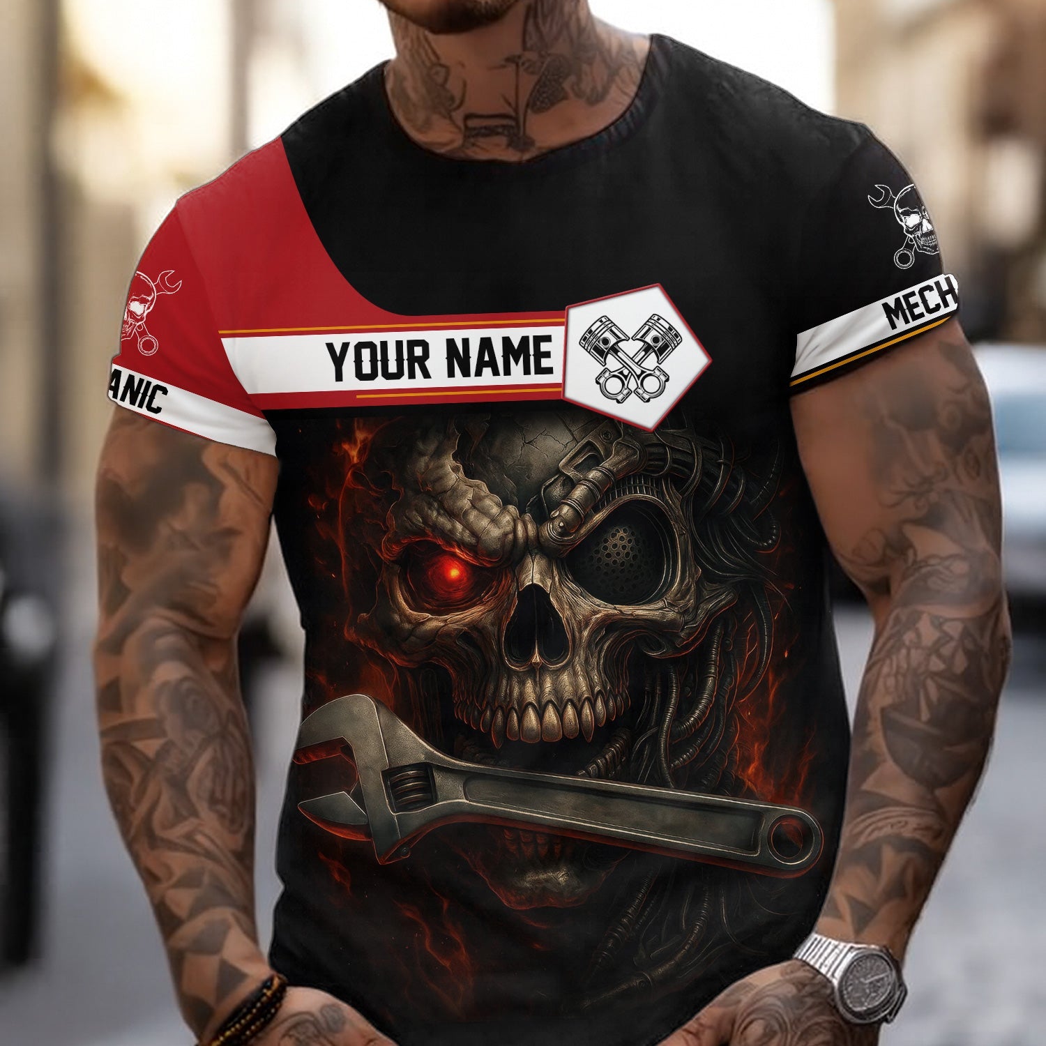 Blisscorners Custom Name Mechanic Shirt Cyber Skull with Wrench Design T Shirt