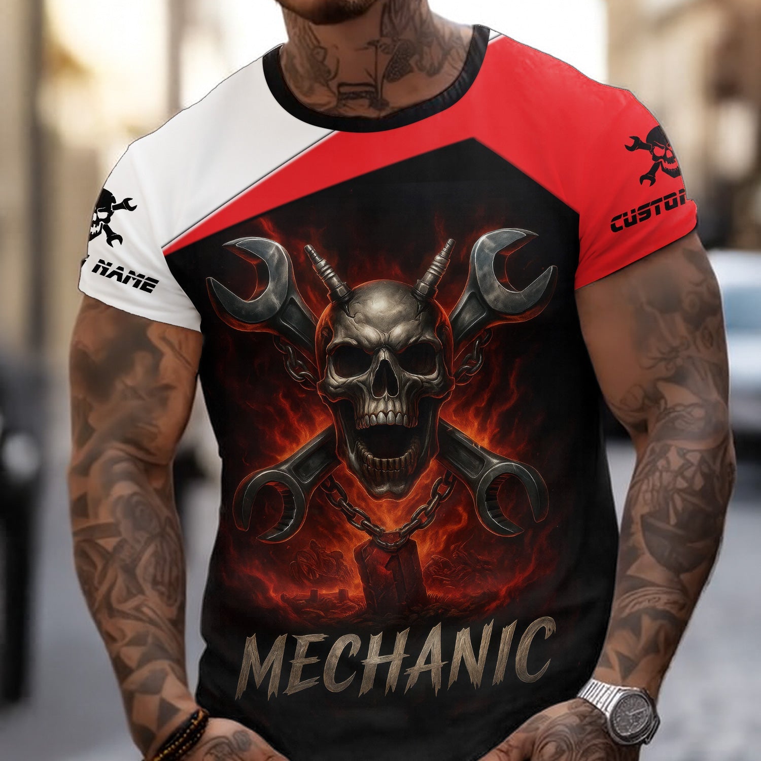 Blisscorners Custom Name Mechanic Shirt Wrench Flame Skull Design T Shirt