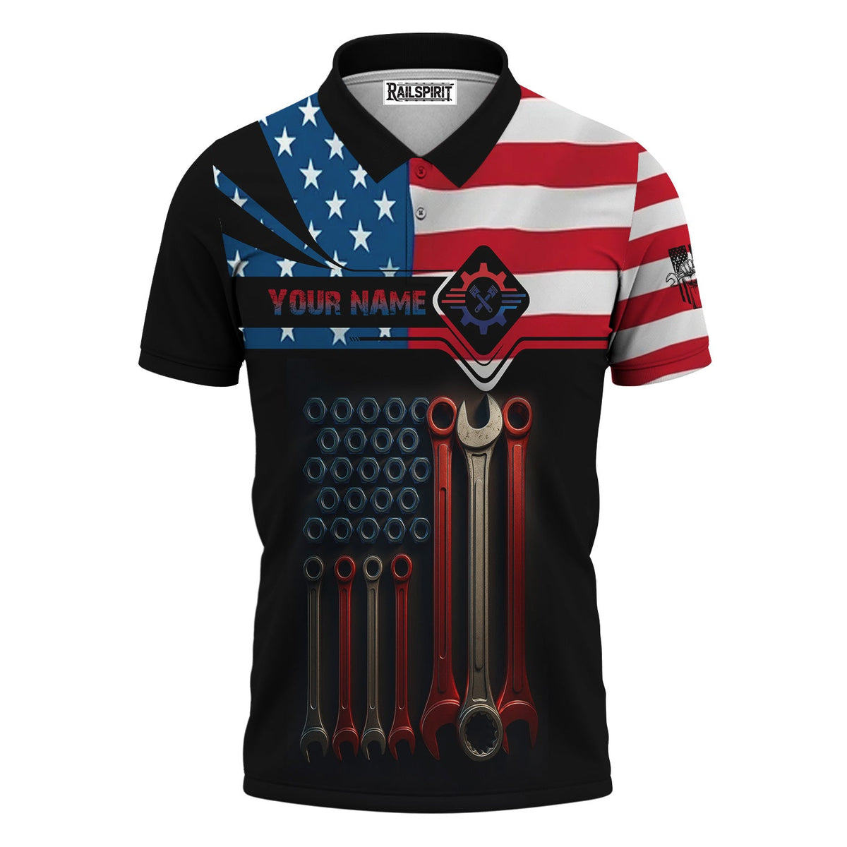 Blisscorners Custom Name Mechanic Shirt Wrenches with American Flag Design T Shirt