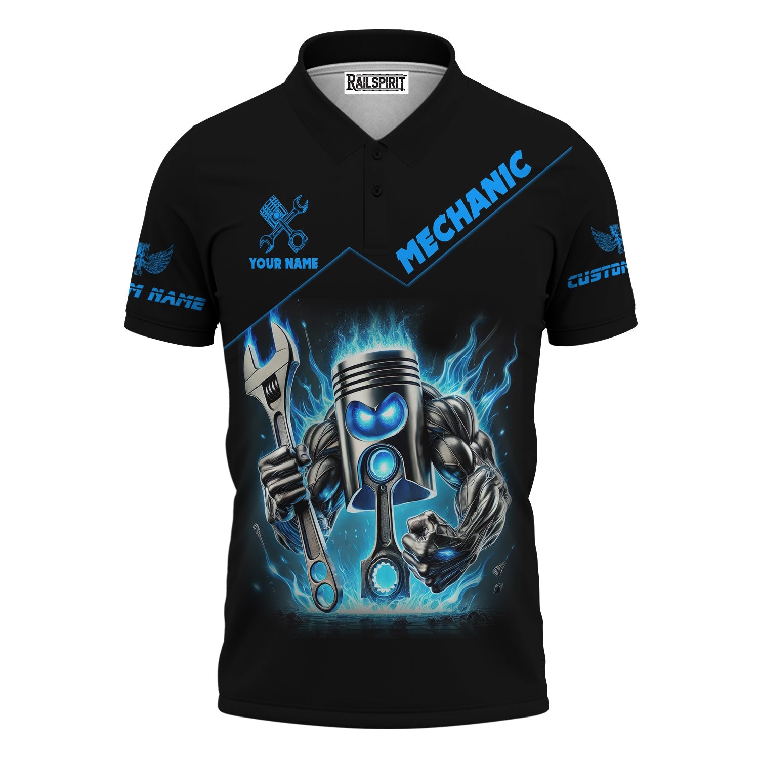 Blisscorners Custom Name Mechanic Shirt Blue Flame Muscle Engine Piston Holding Wrench T Shirt