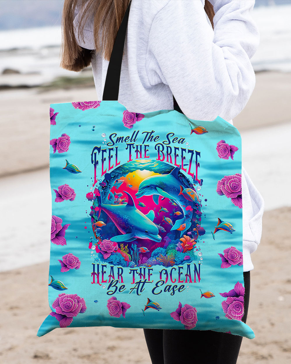 BLISSCORNERS SMELL THE SEA FEEL THE BREEZE DOLPHIN TOTE BAG