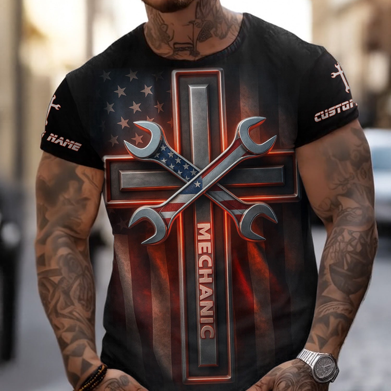 Blisscorners Custom Name Mechanic Shirt Wrench The Cross with USA Flag Design T Shirt