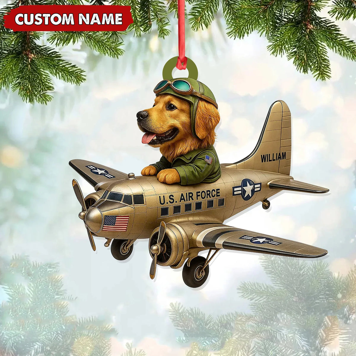 Blisscorners Personalized Dog Pilot Christmas Ornament And Keychain, Custom Name U.S. Air Force Airplane, Military Dog Lover Tree Decor Gift