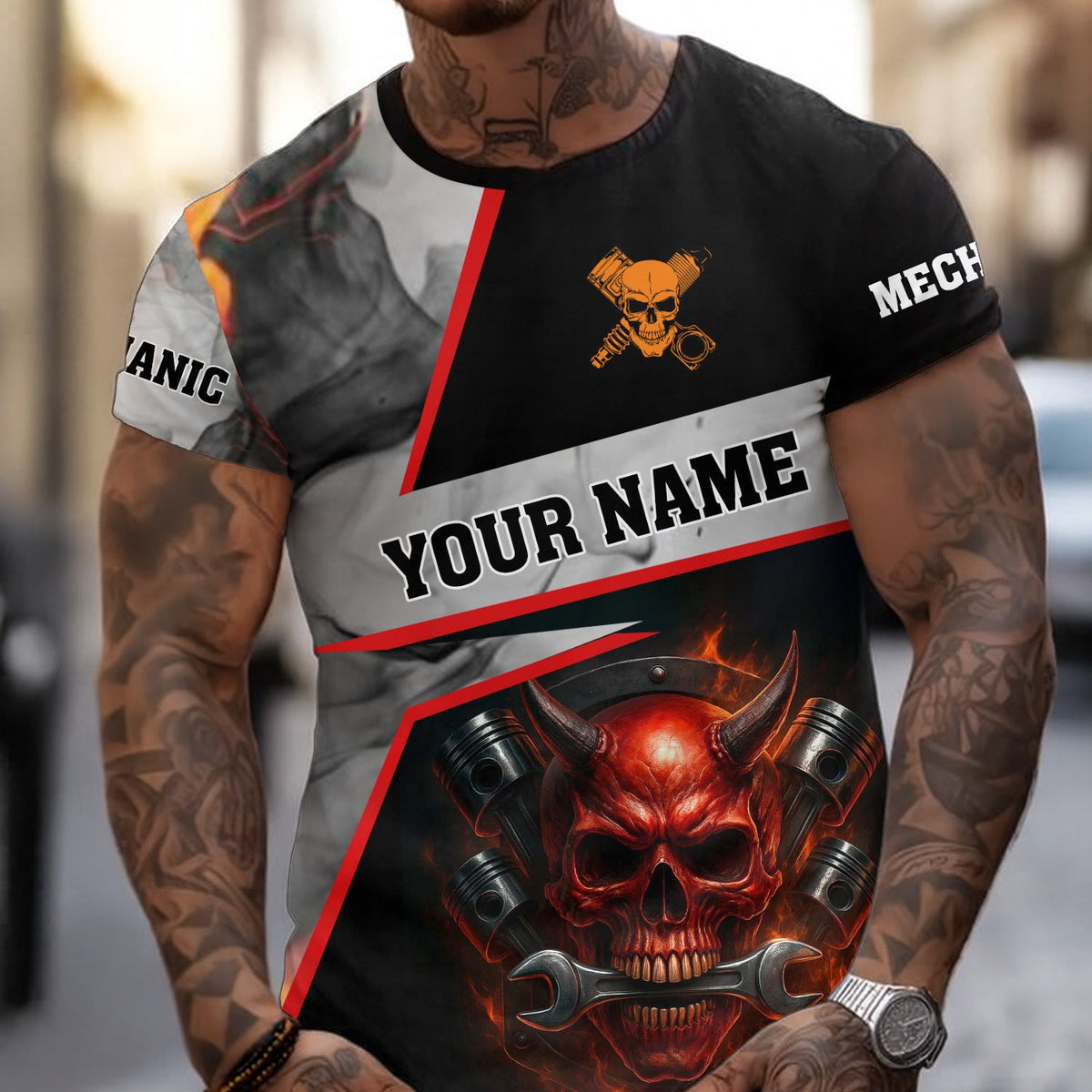 Blisscorners Custom Name Funny Mechanic Shirt Vintage Devil With Wrench Printed Mechanic T Shirt