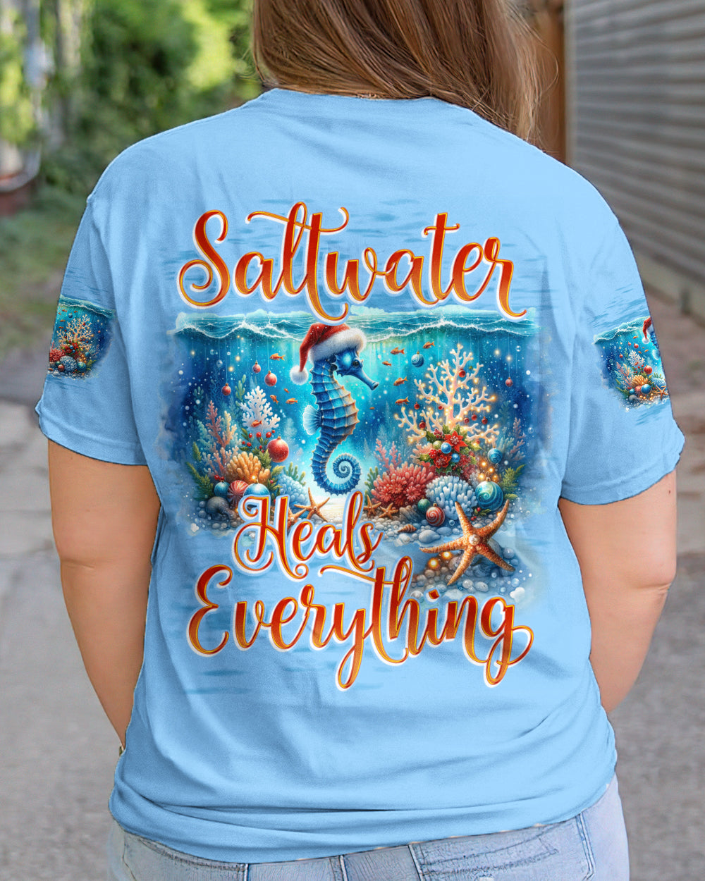 BLISSCORNERS SALTWATER HEALS EVERYTHING SEAHORSE CHRISTMAS ALL OVER PRINT