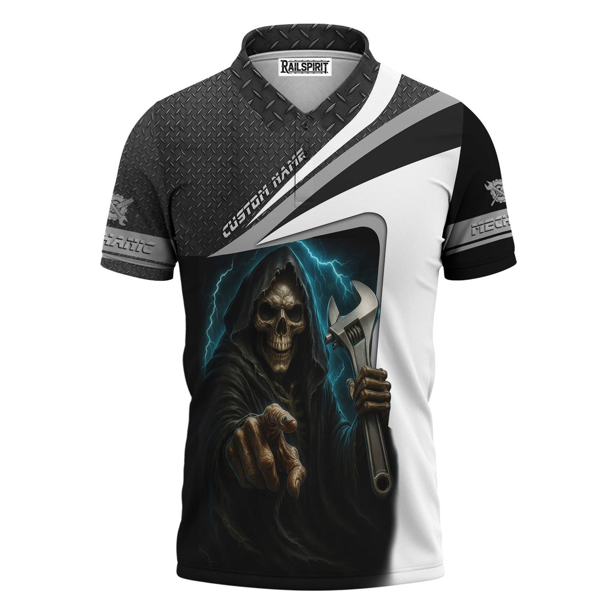 Blisscorners Custom Name Mechanic Shirt Grim Reaper Holding Wrench with Thunder Design T Shirt