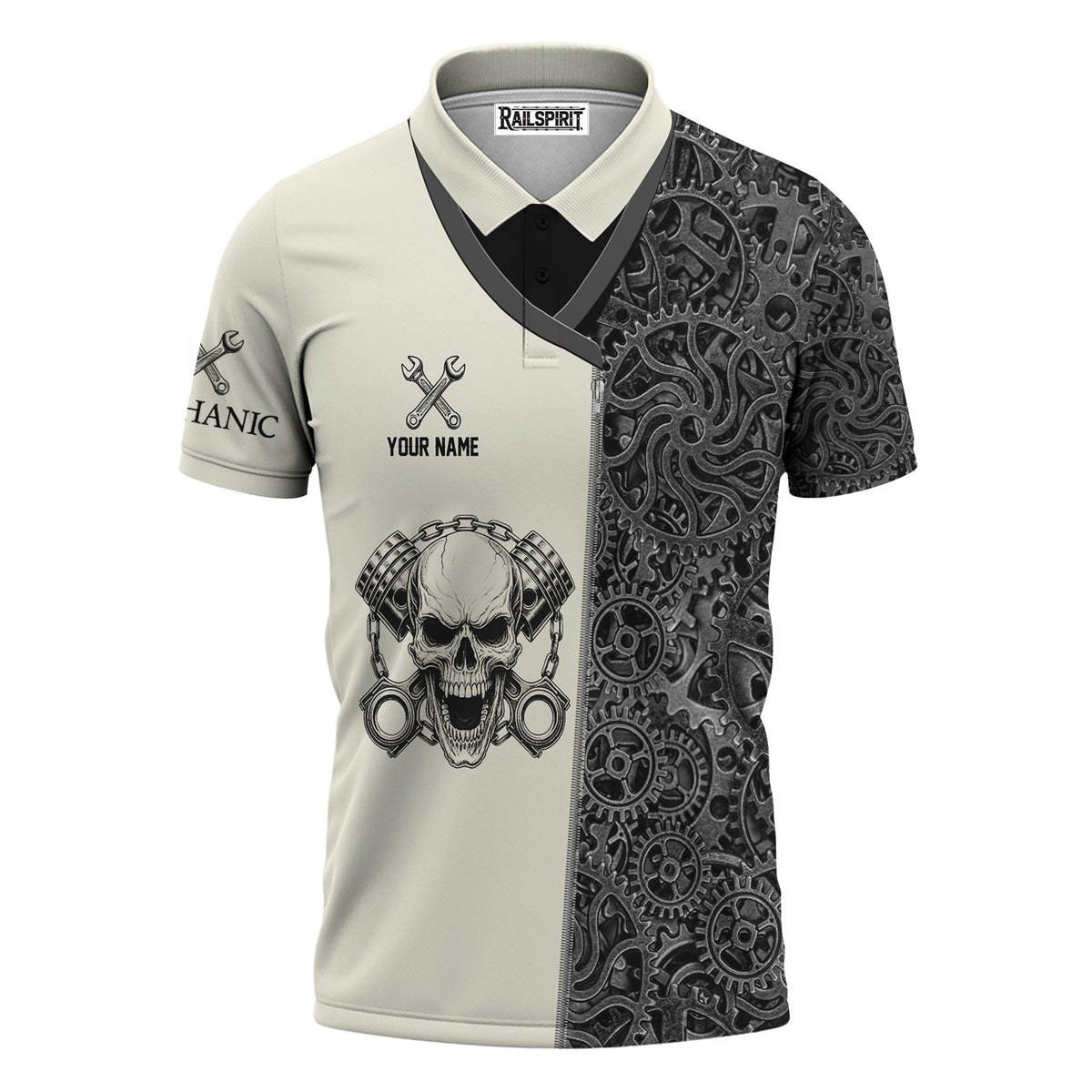 Blisscorners Custom Name Mechanic Shirt Skull with Engine Piston Design Gear Pattern T Shirt All Over Printed