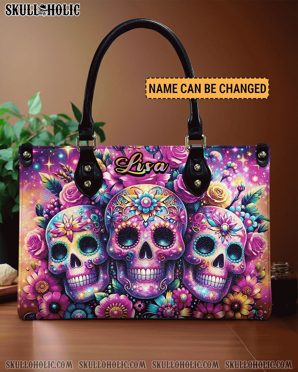 BLISSCORNERS THREE SUGAR SKULLS LEATHER HANDBAG