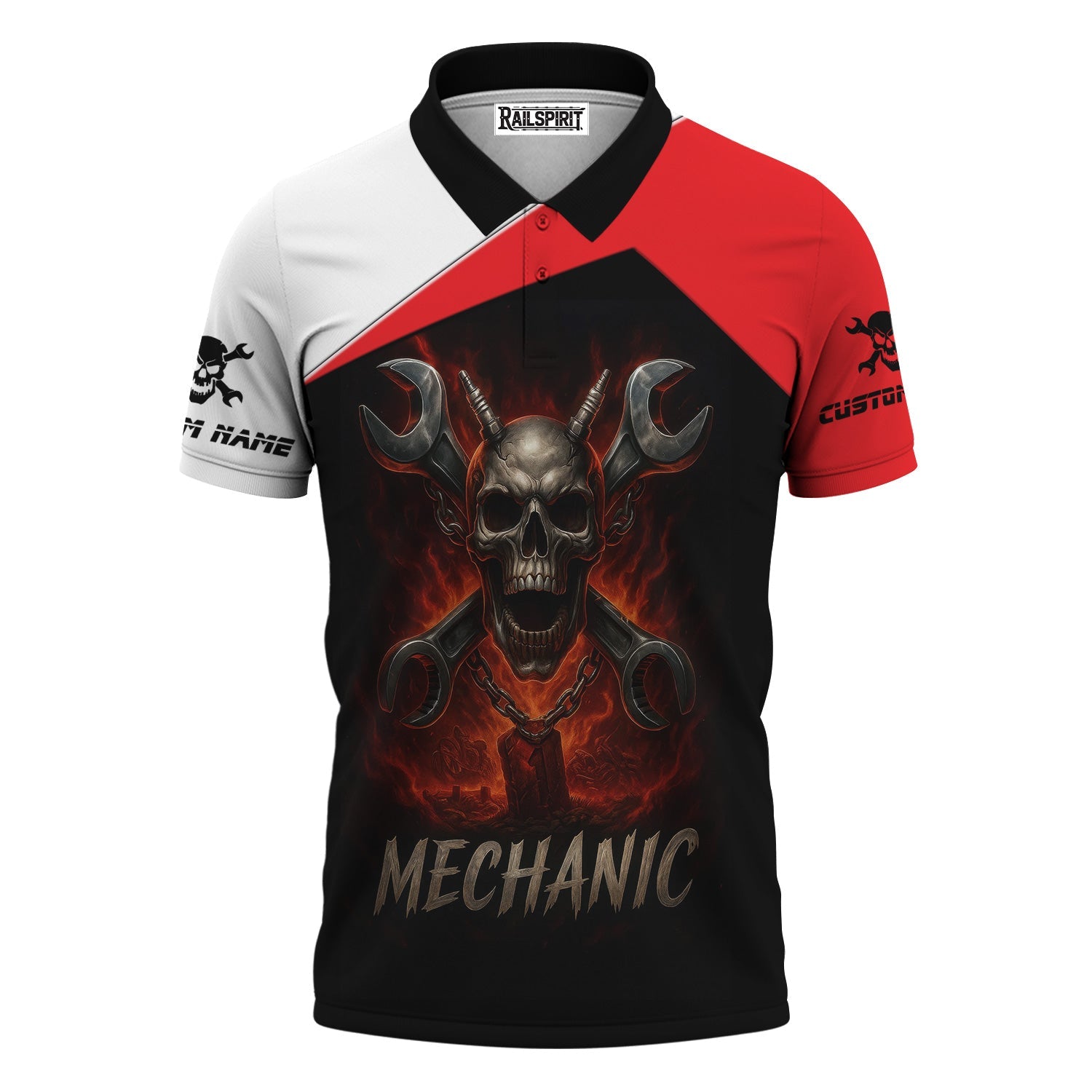 Blisscorners Custom Name Mechanic Shirt Wrench Flame Skull Design T Shirt