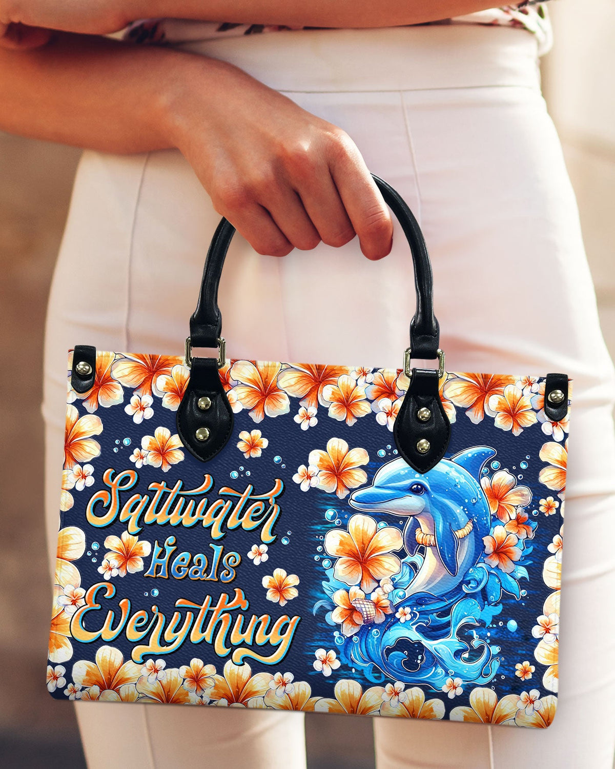 BLISSCORNERS SALTWATER HEALS EVERYTHING DOLPHIN LEATHER HANDBAG